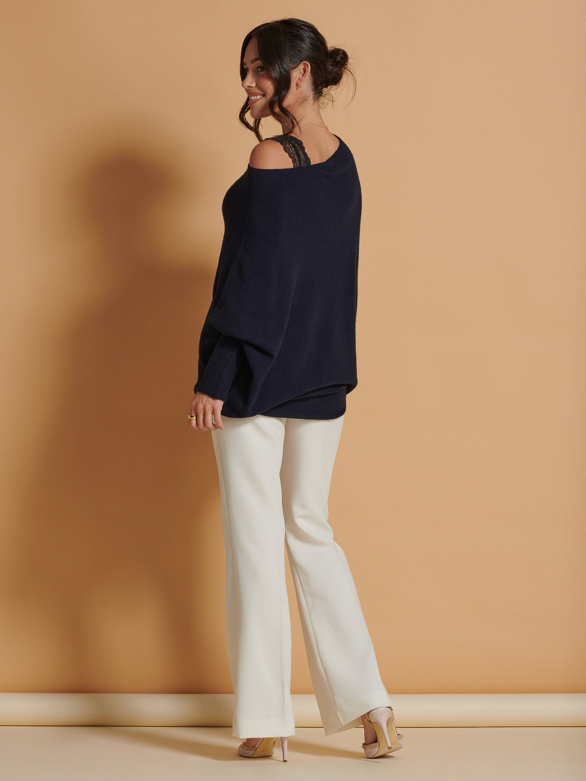 Made in Italy Asymmetric Draped Soft Knit Jumper, Navy