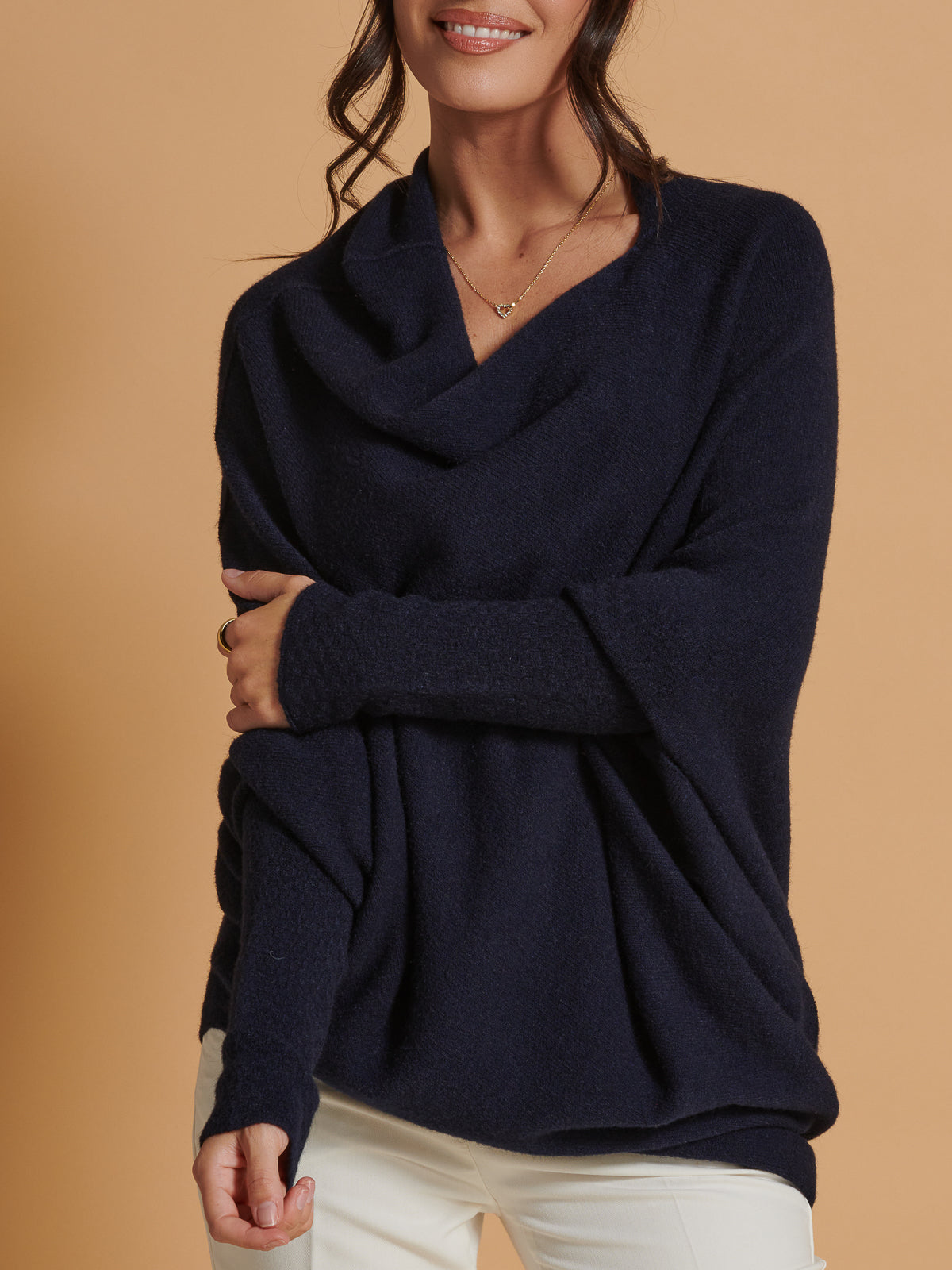 Made in Italy Asymmetric Draped Soft Knit Jumper, Navy