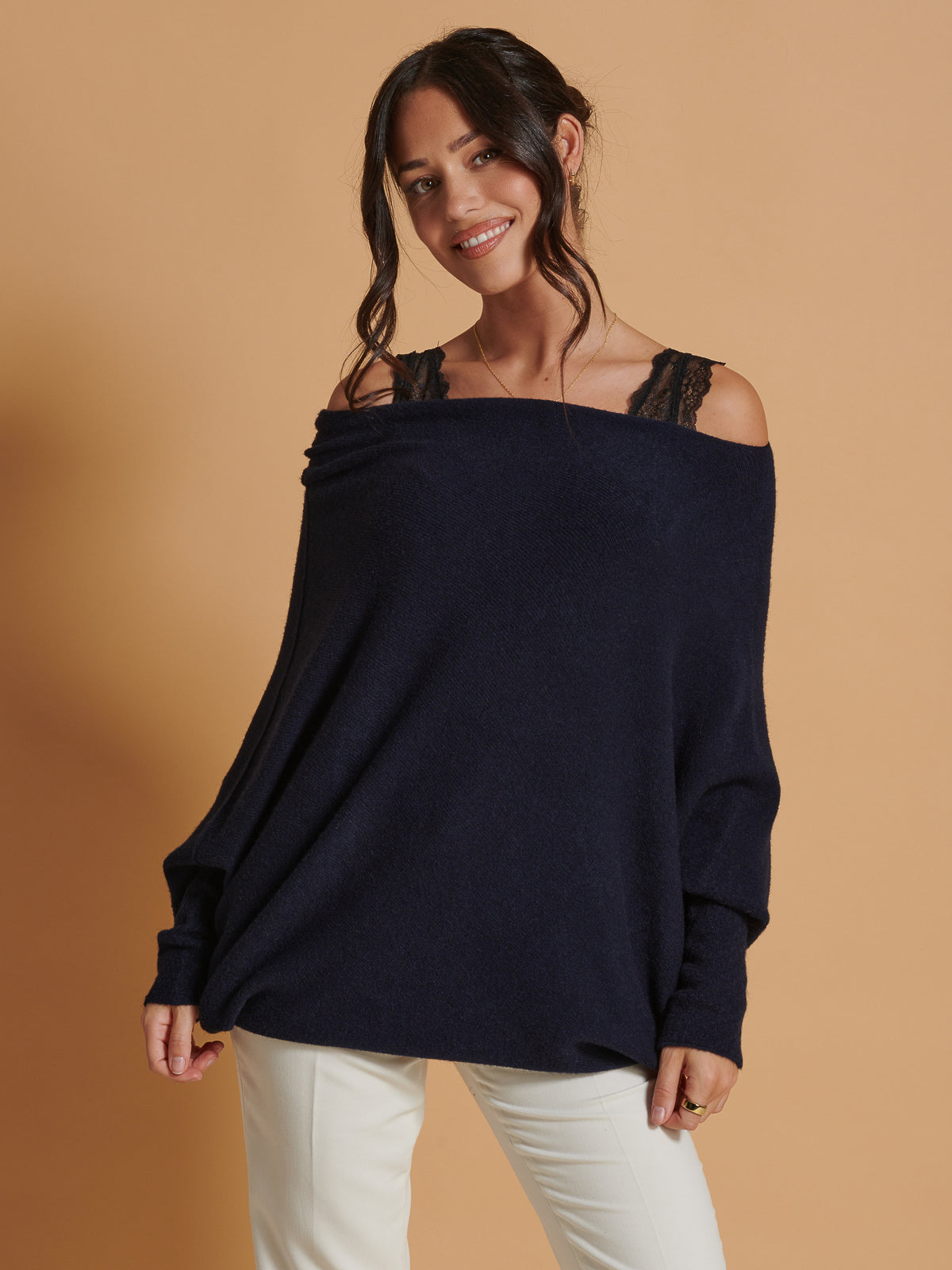 Made in Italy Asymmetric Draped Soft Knit Jumper, Navy