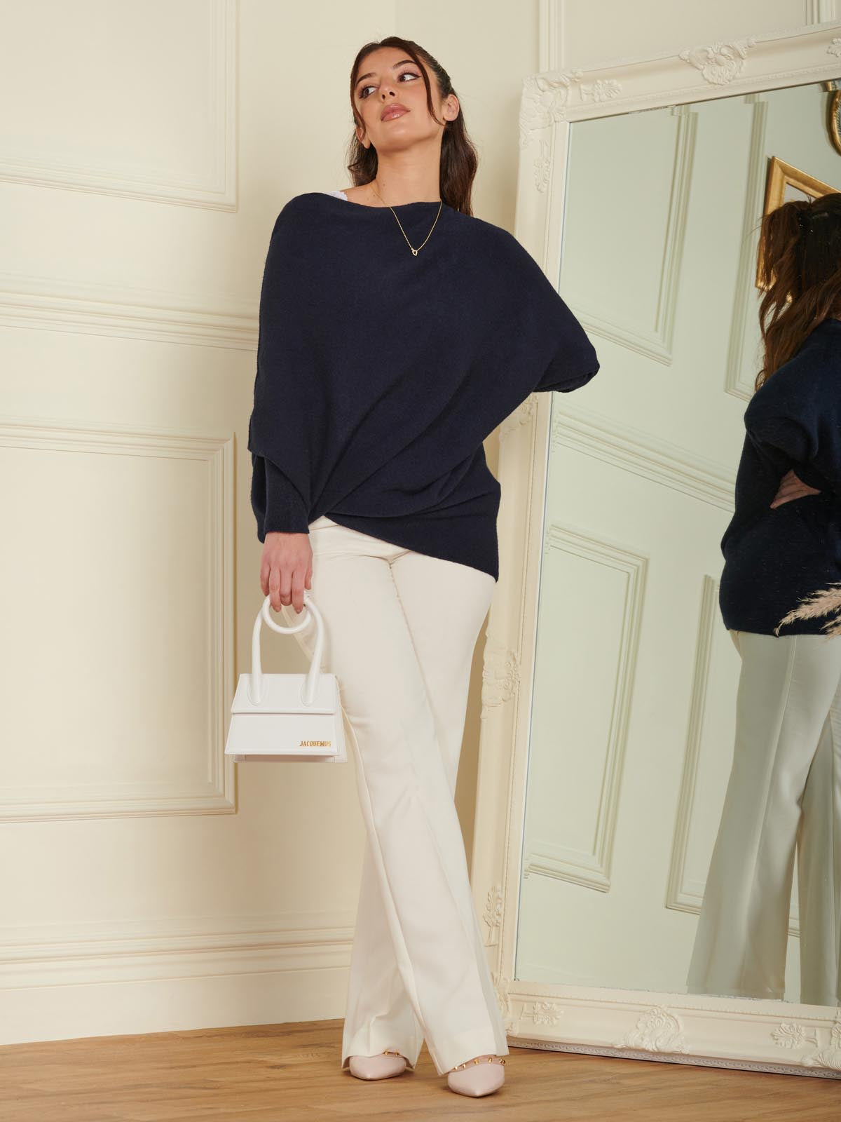 Made in Italy Asymmetric Draped Soft Knit Jumper, Navy