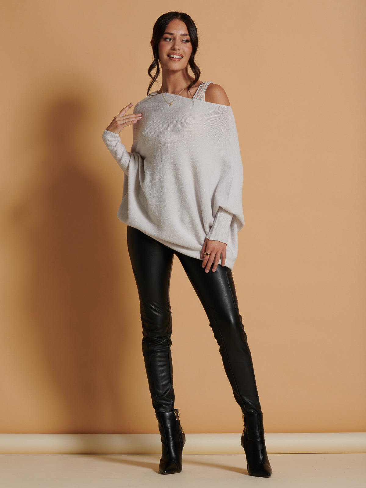 Made in Italy Asymmetric Draped Soft Knit Jumper, Oatmeal