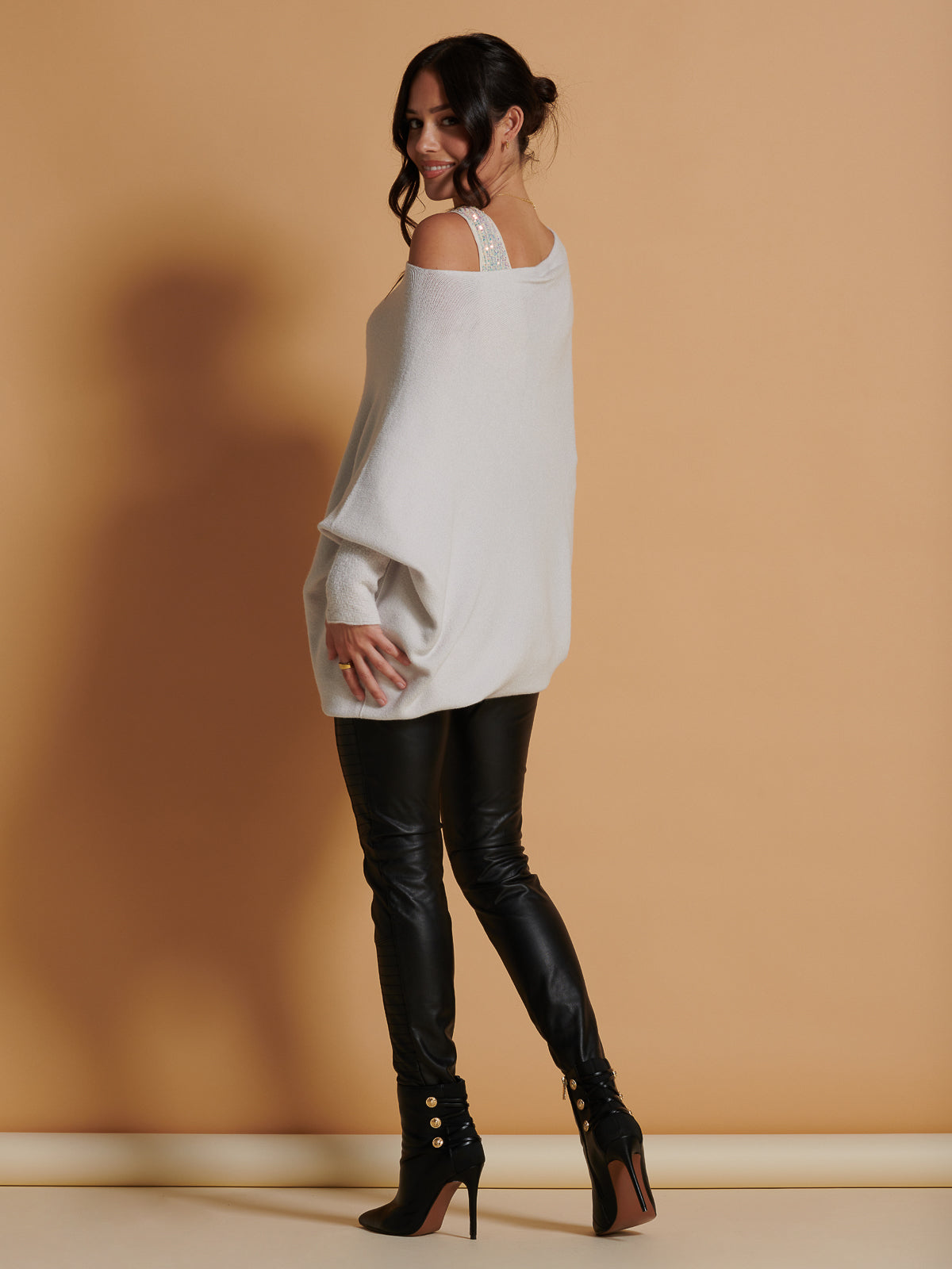 Made in Italy Asymmetric Draped Soft Knit Jumper, Oatmeal