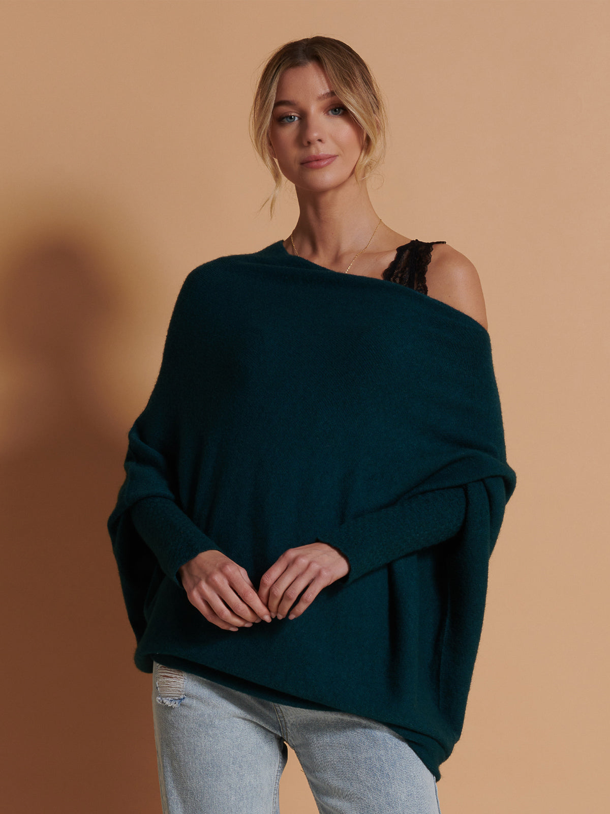 Made in Italy Asymmetric Draped Soft Knit Jumper, Peacock Blue
