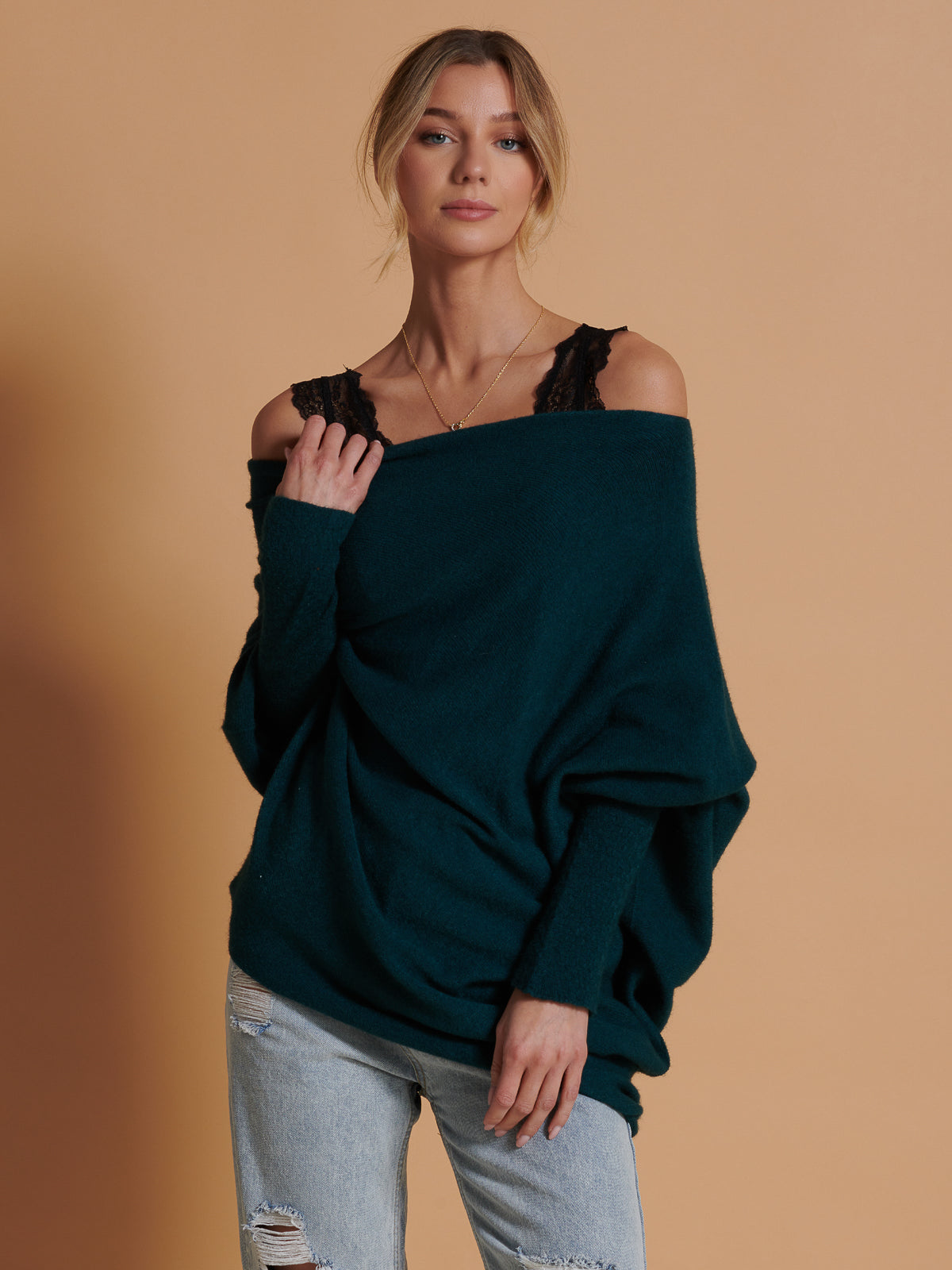 Made in Italy Asymmetric Draped Soft Knit Jumper, Peacock Blue