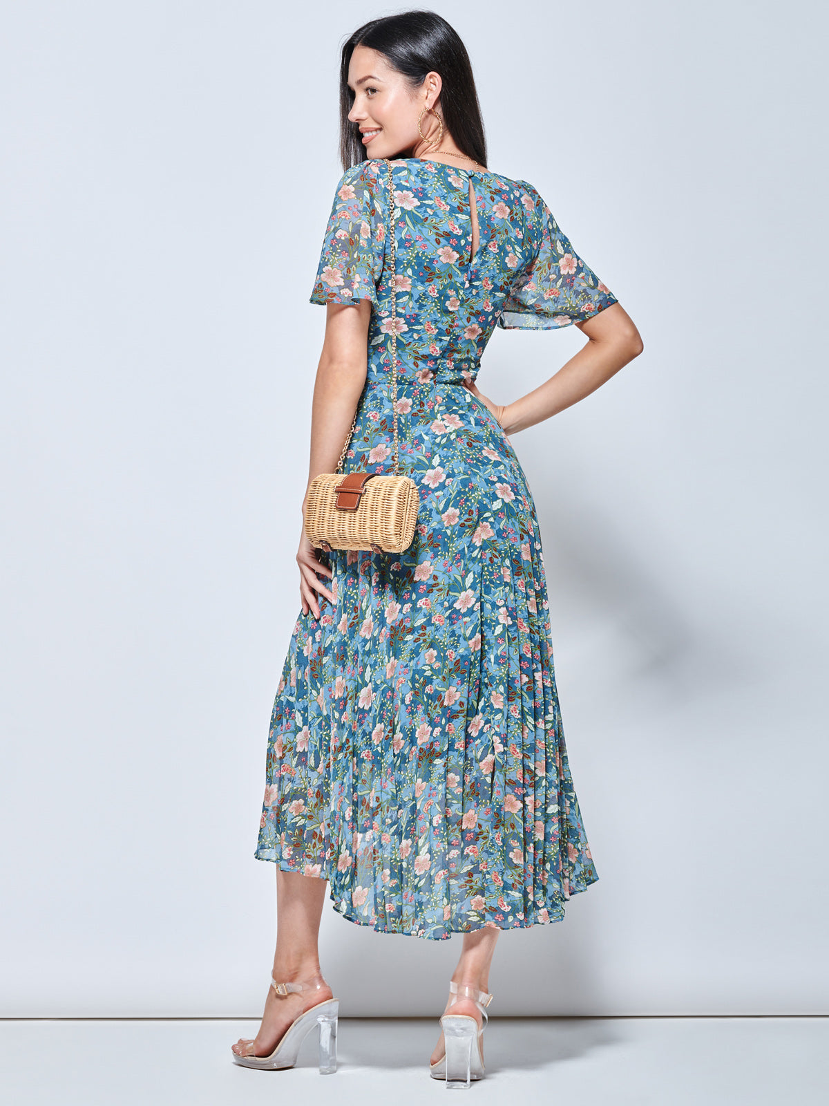 Pleated Chiffon High Low Maxi Dress, Teal Floral