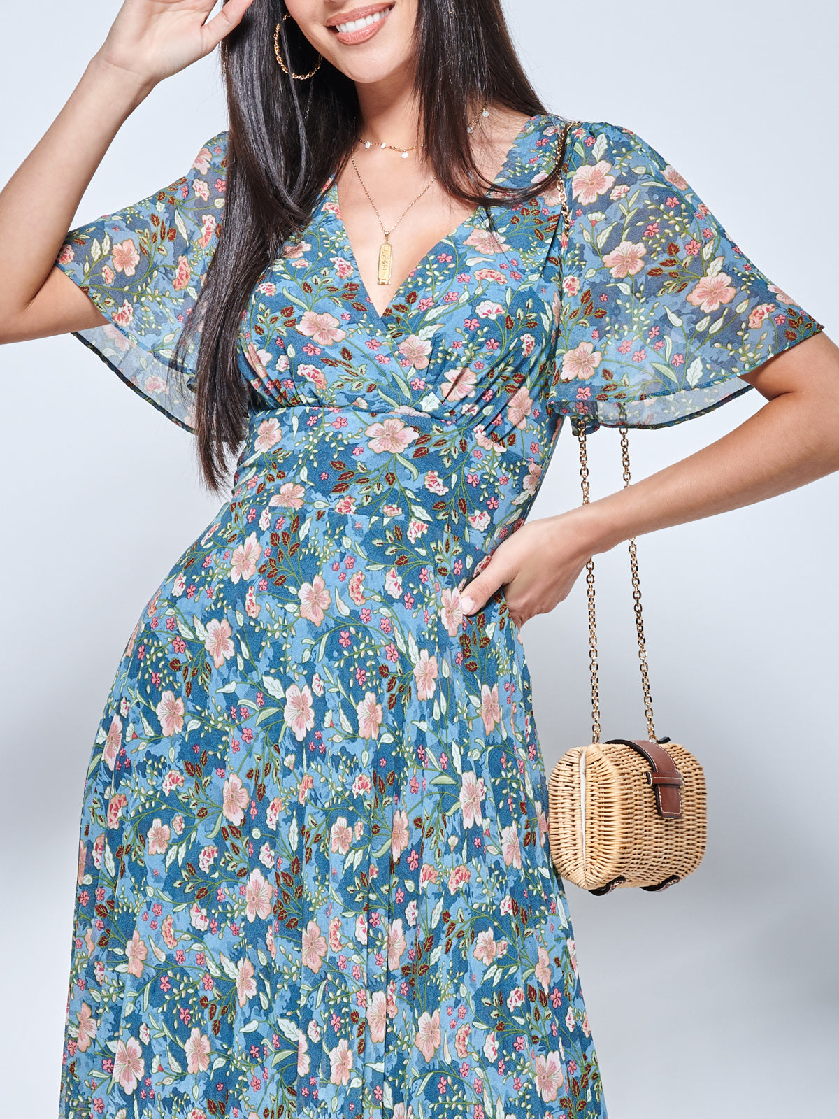 Pleated Chiffon High Low Maxi Dress, Teal Floral