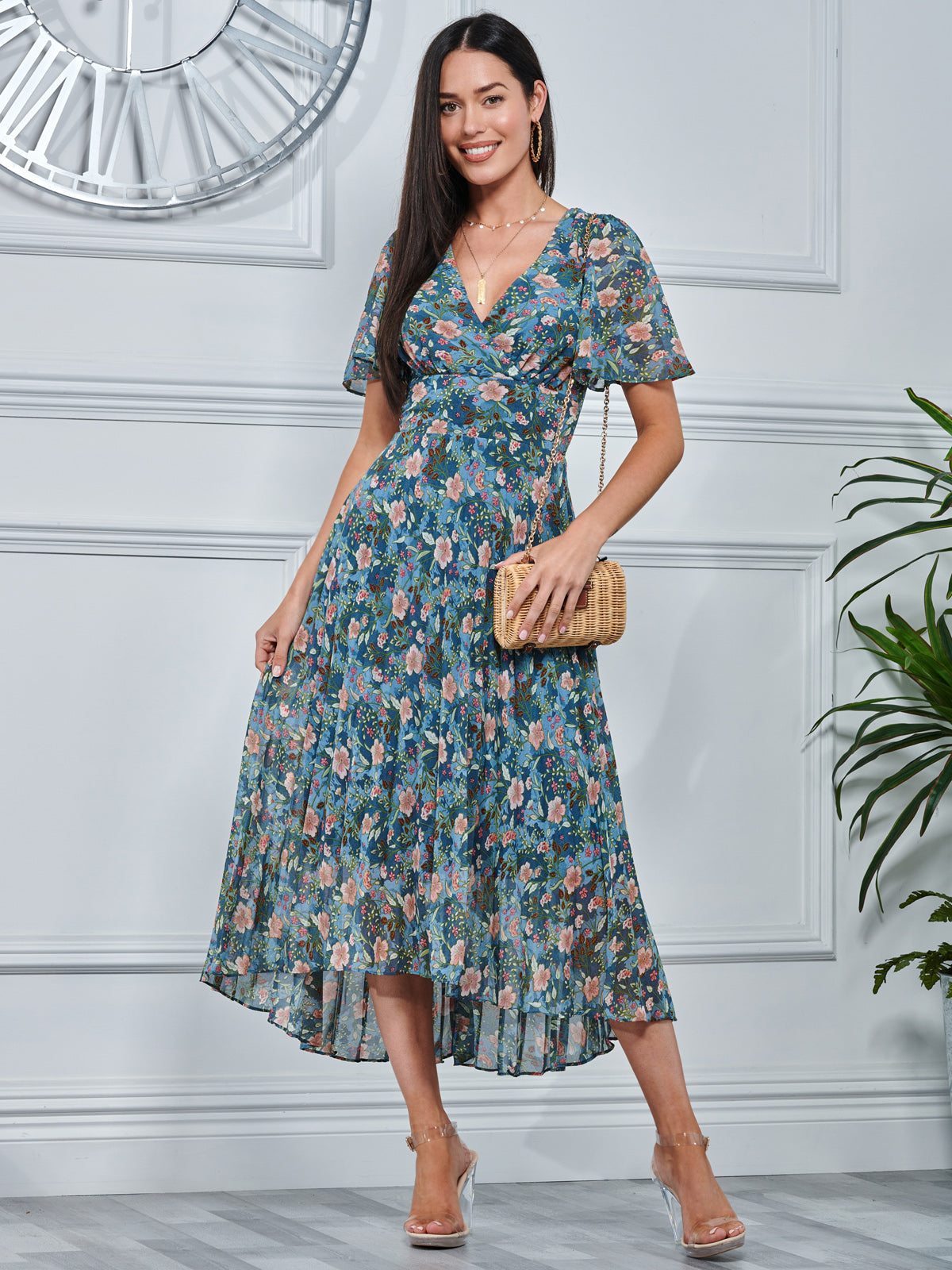 Pleated Chiffon High Low Maxi Dress, Teal Floral