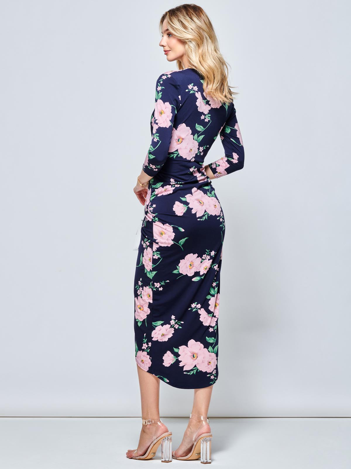 Long SLeeve Wrap Front Bodycon Dress, Floral Multi