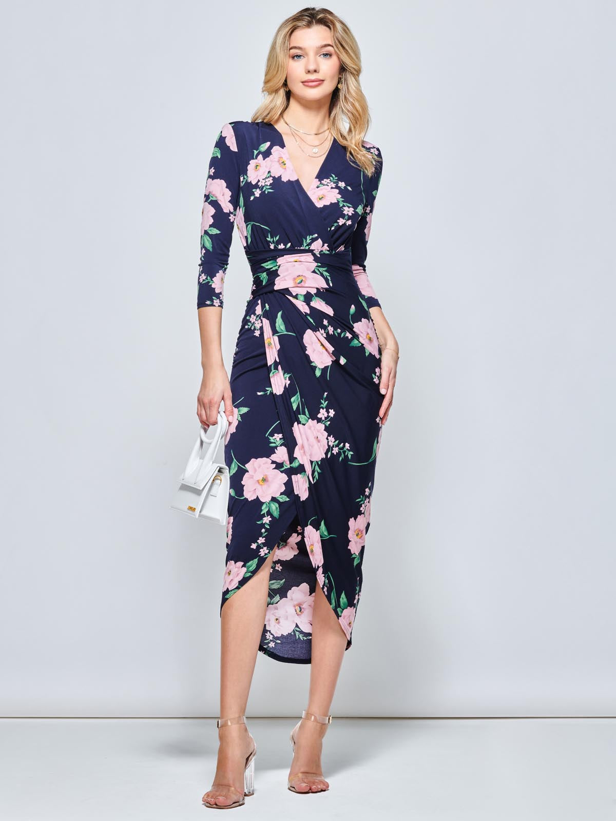 Long SLeeve Wrap Front Bodycon Dress, Floral Multi