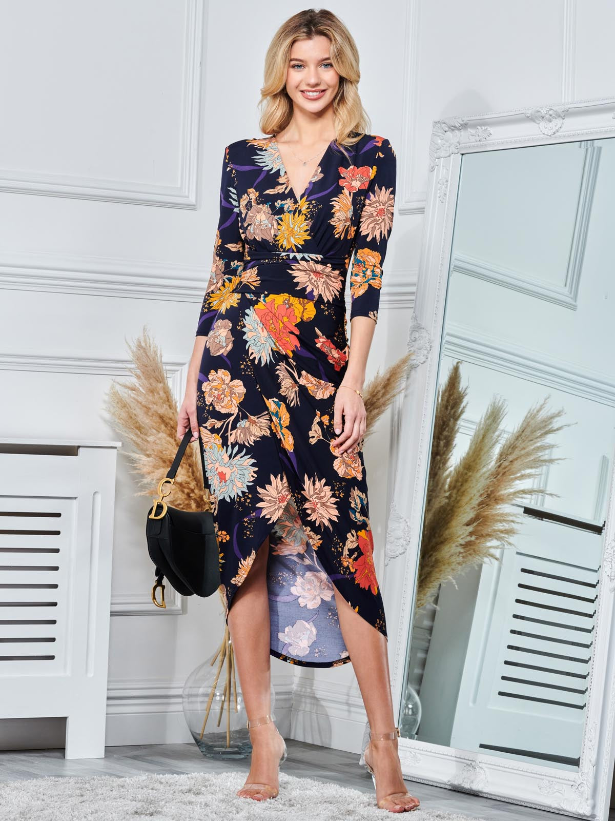 Long SLeeve Wrap Front Bodycon Dress, Navy Orange Floral