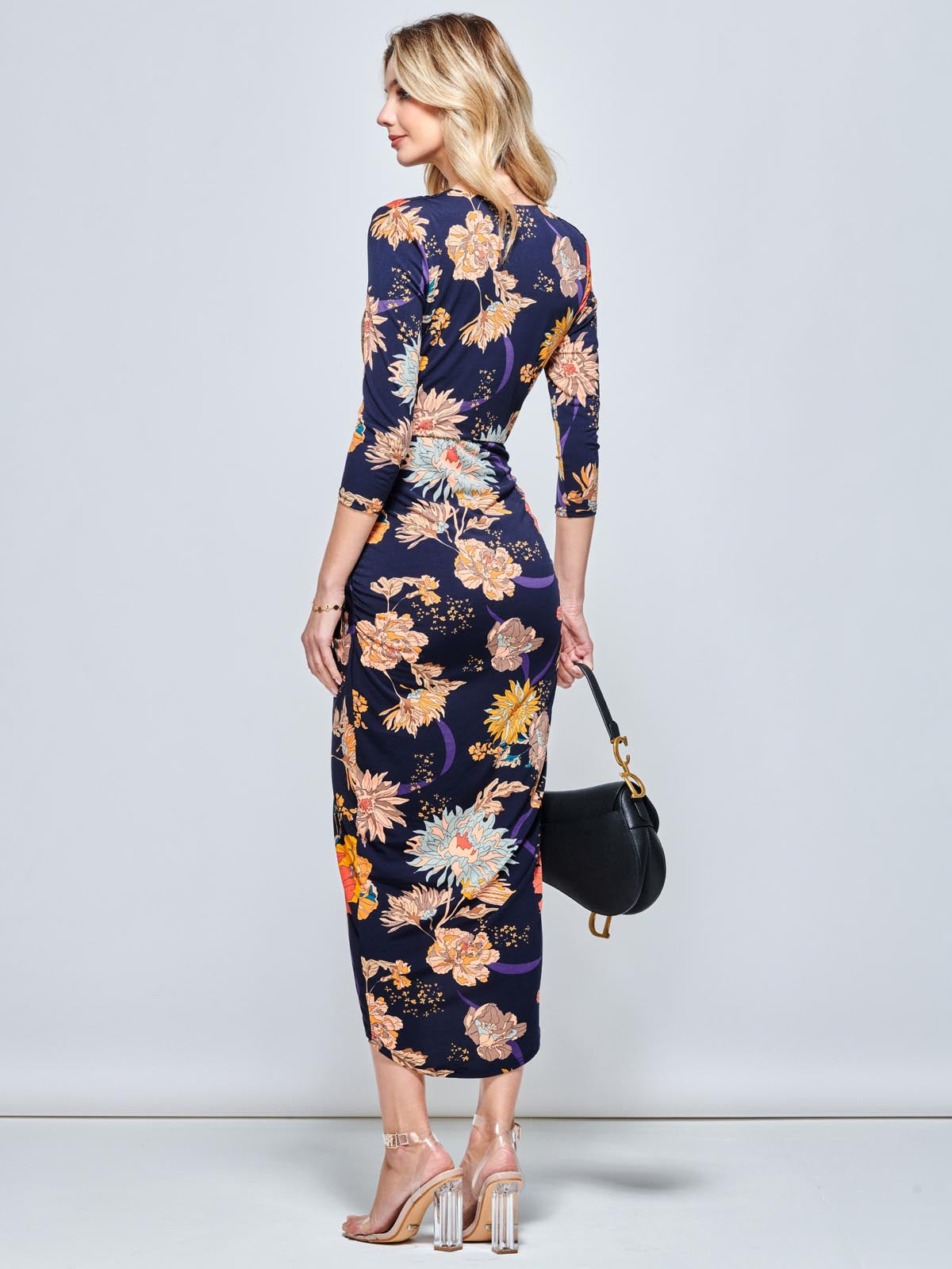 Long SLeeve Wrap Front Bodycon Dress, Navy Orange Floral