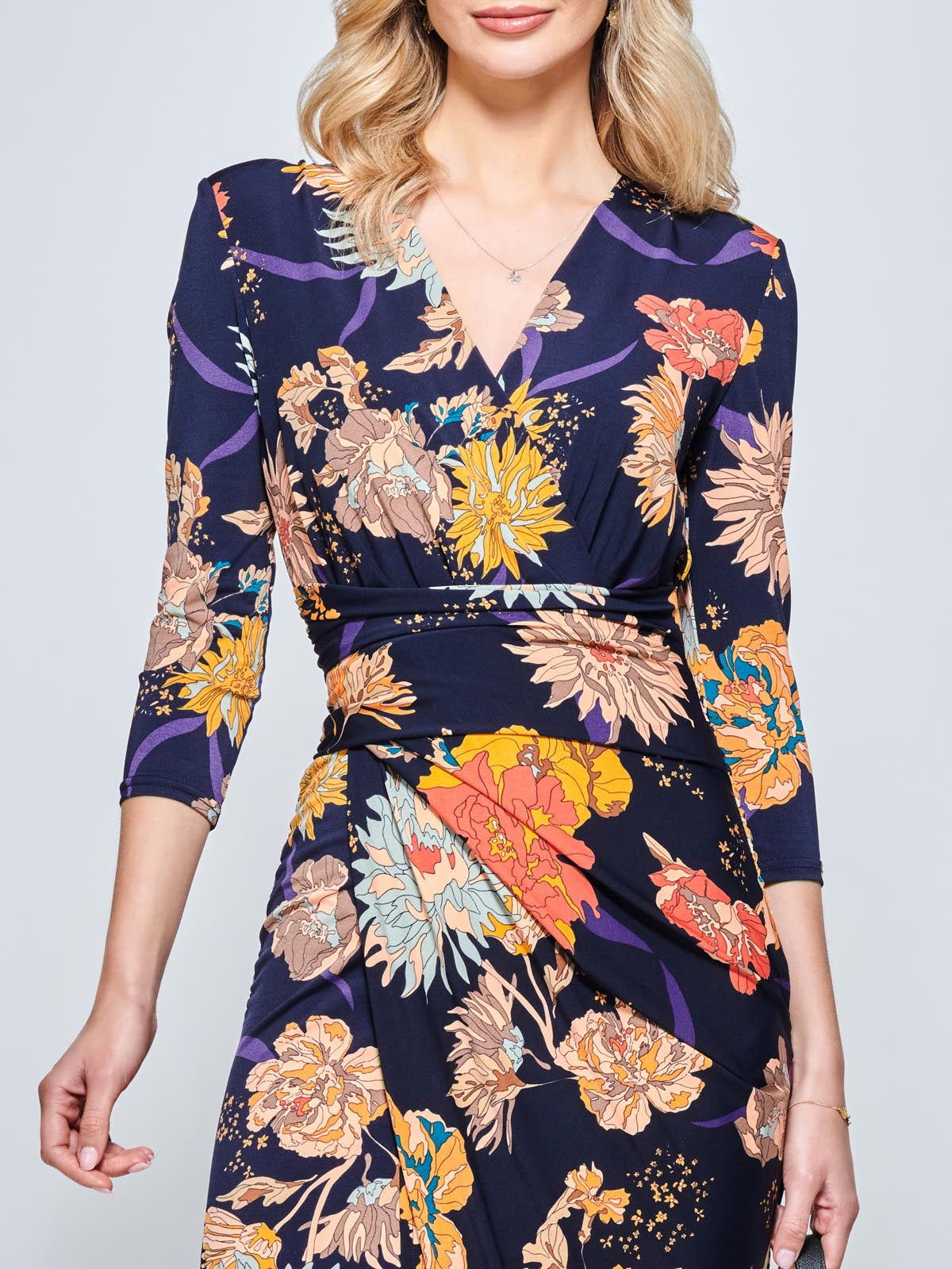 Long SLeeve Wrap Front Bodycon Dress, Navy Orange Floral
