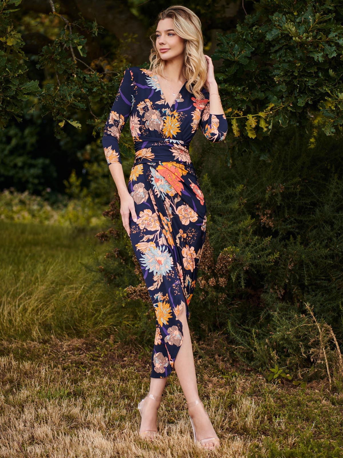Long SLeeve Wrap Front Bodycon Dress, Navy Orange Floral