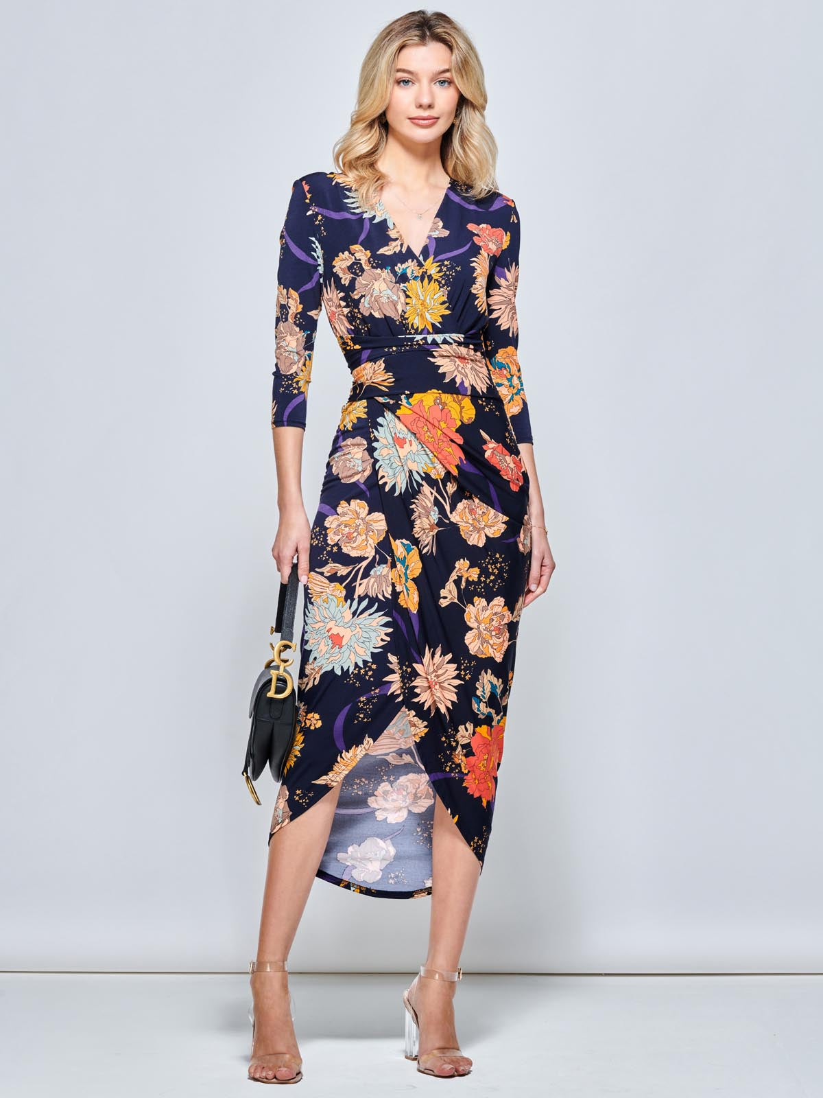 Long SLeeve Wrap Front Bodycon Dress, Navy Orange Floral