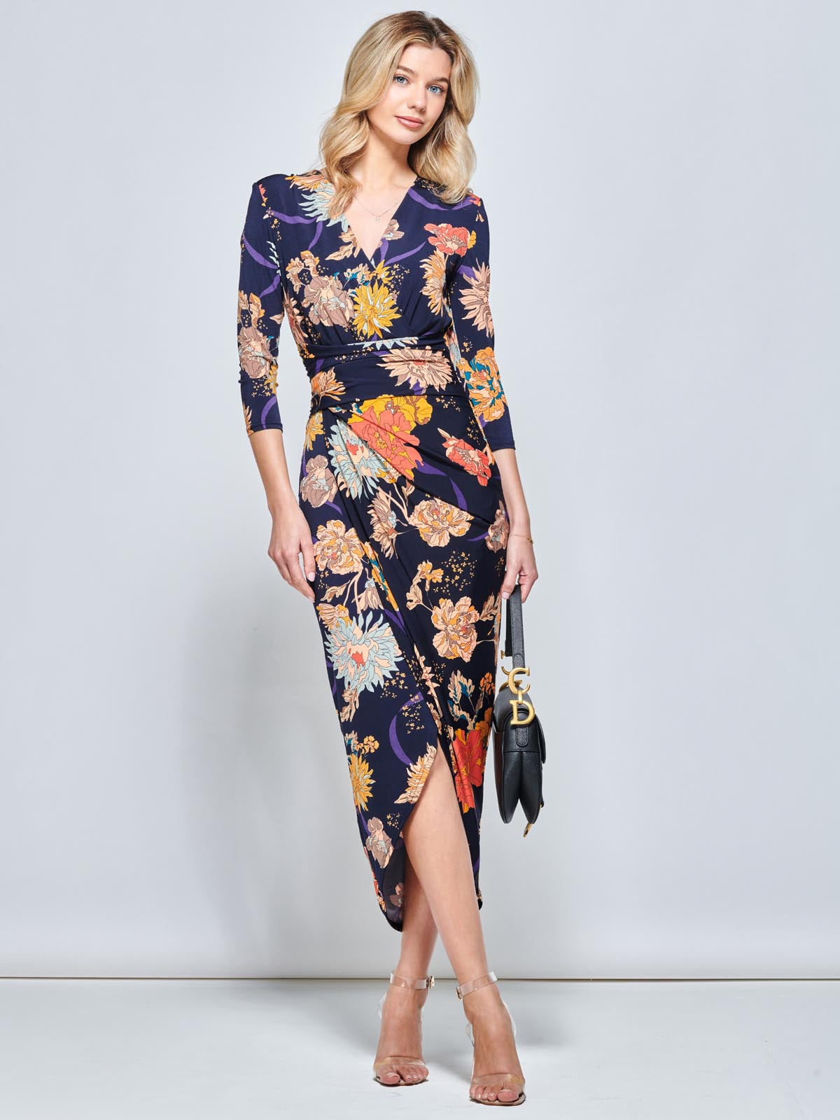 Long SLeeve Wrap Front Bodycon Dress, Navy Orange Floral
