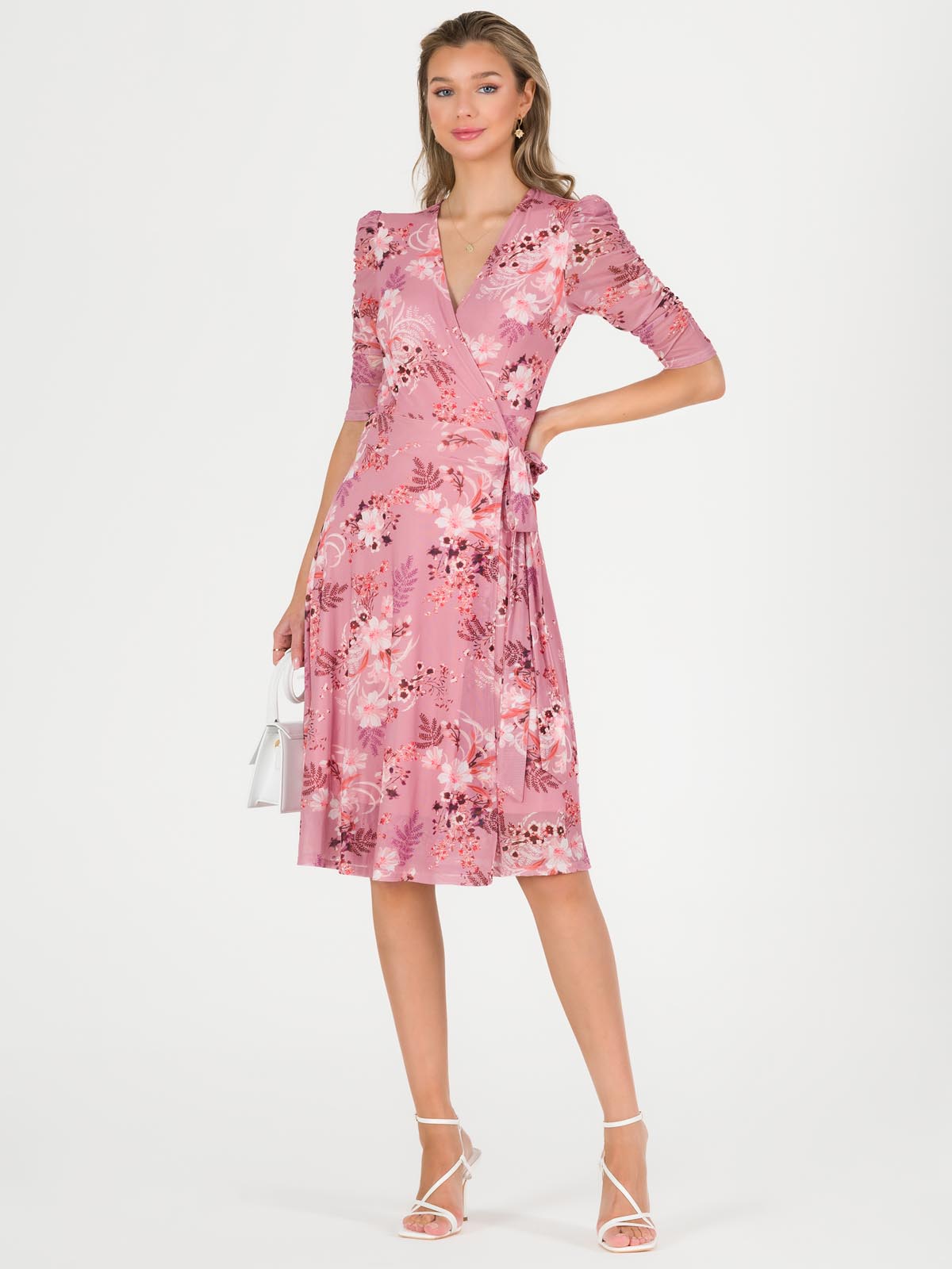Elodea Mesh Ruched Sleeve Wrap Dress, Pink Floral