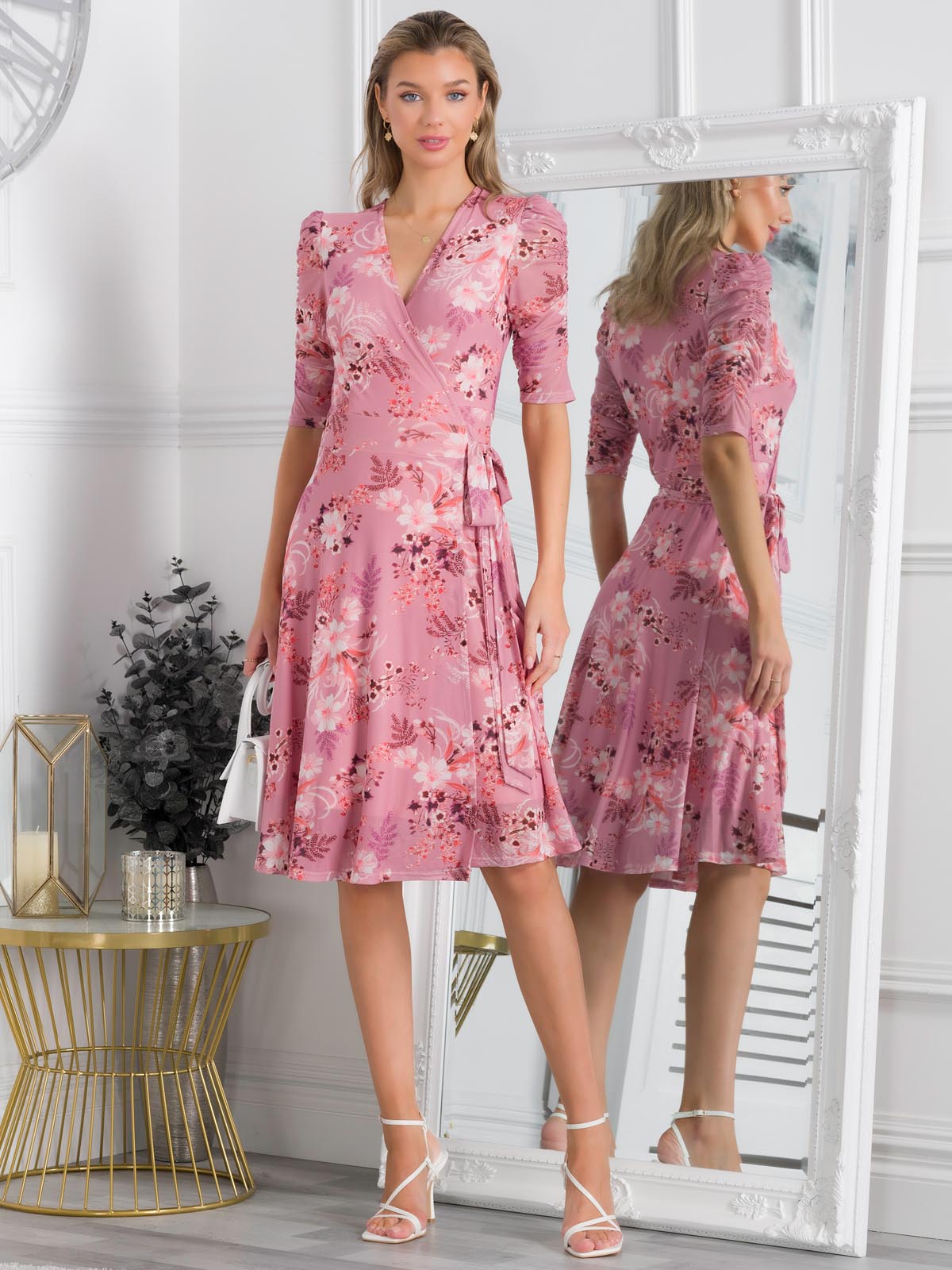 Elodea Mesh Ruched Sleeve Wrap Dress, Pink Floral