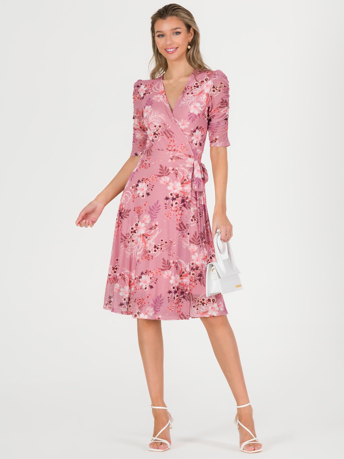 Elodea Mesh Ruched Sleeve Wrap Dress, Pink Floral