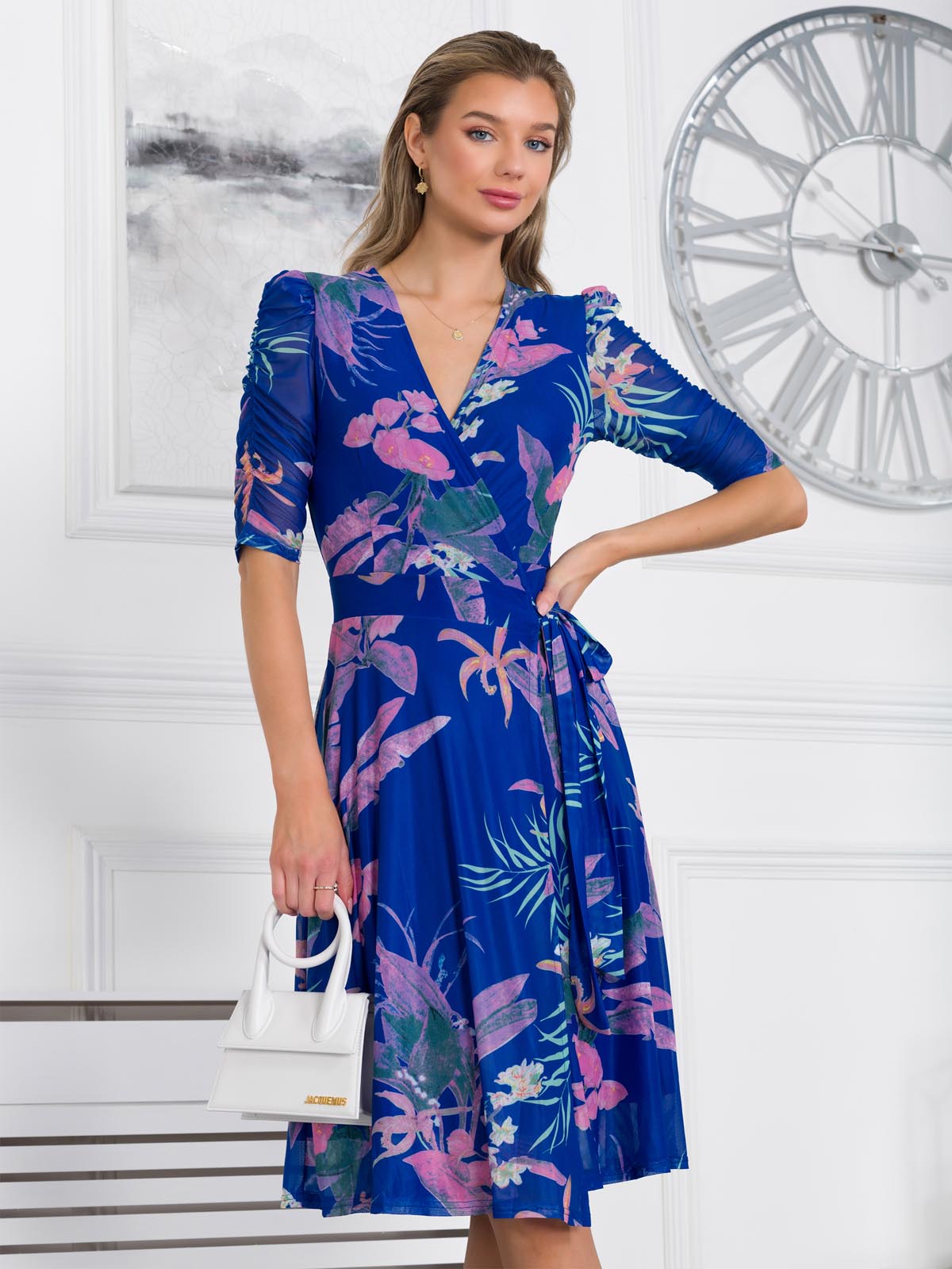 Elodea Mesh Ruched Sleeve Wrap Dress, Royal Multi