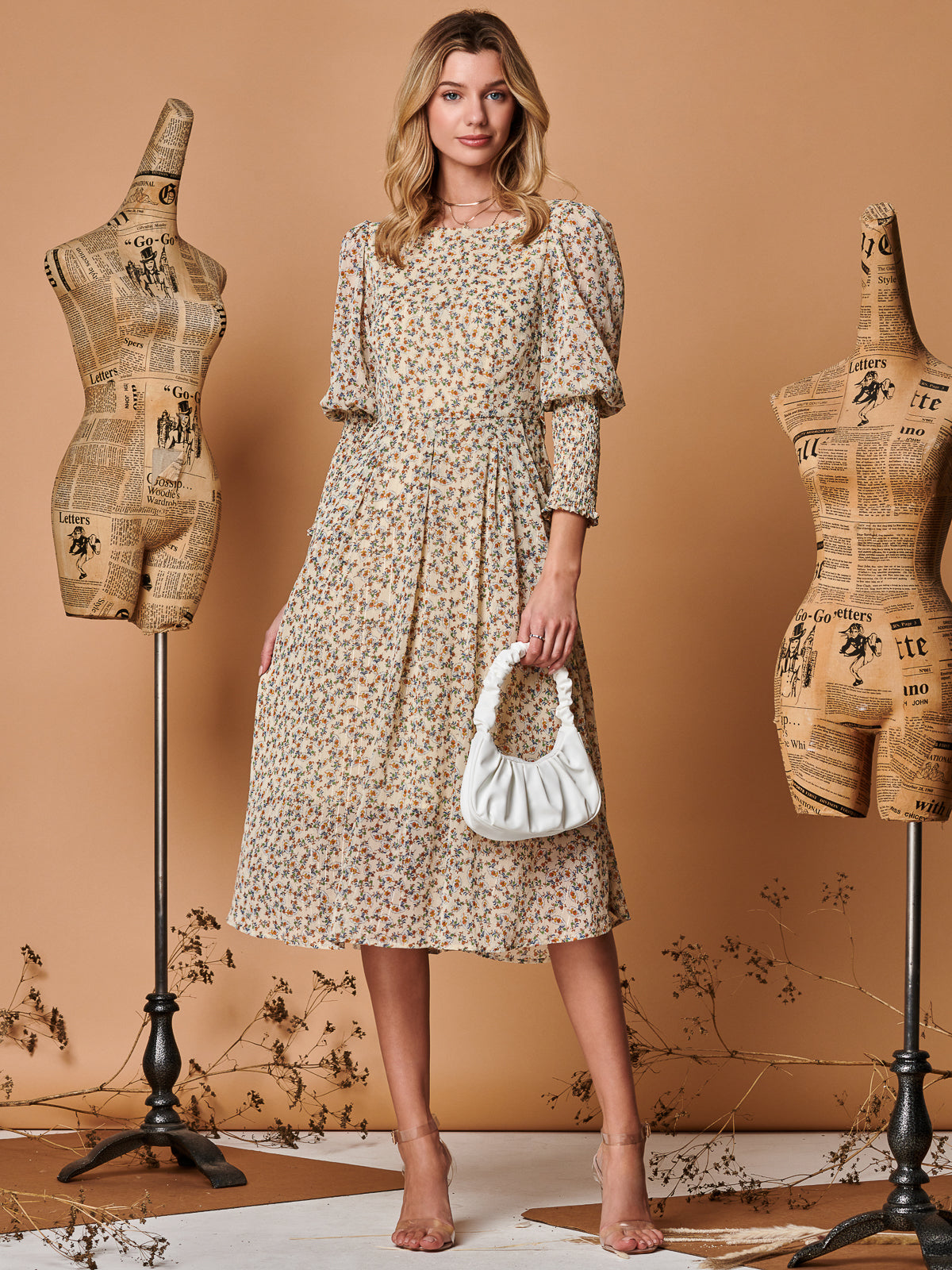Chiffon Maxi Dress with Shirred Cuffs, Beige Floral