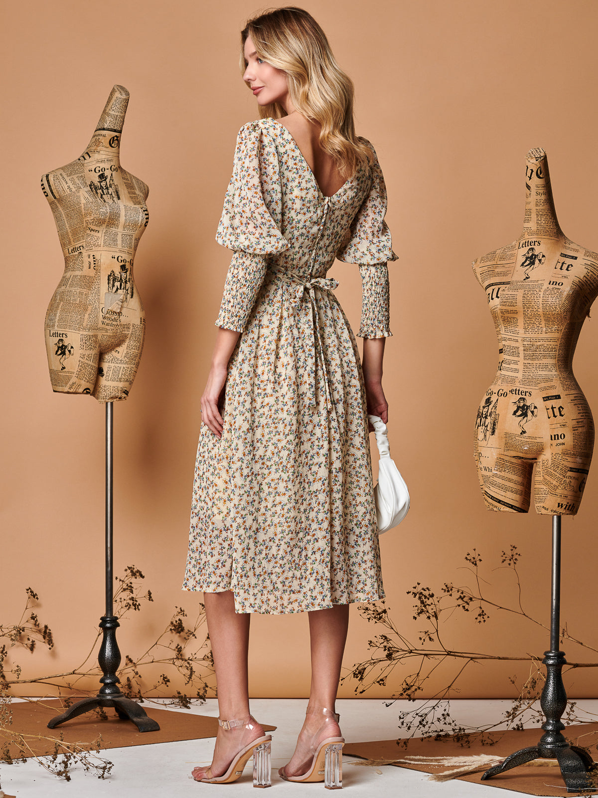 Chiffon Maxi Dress with Shirred Cuffs, Beige Floral