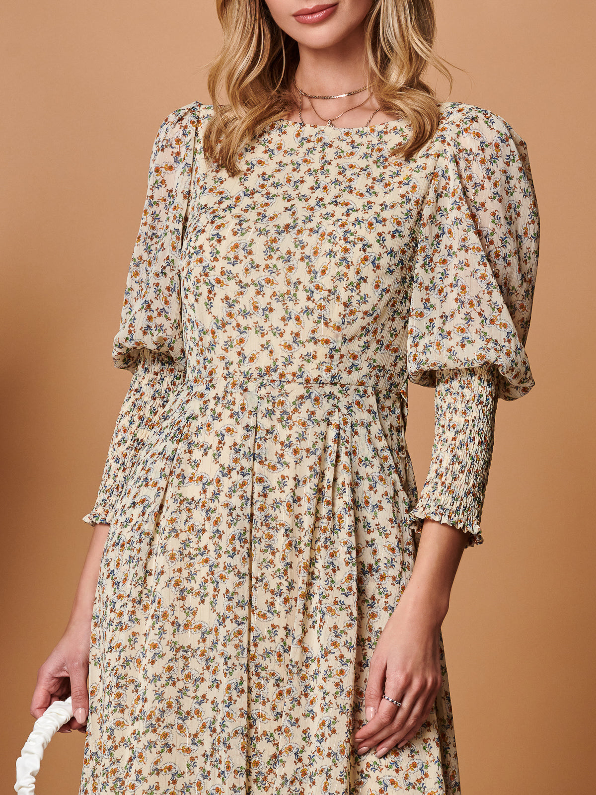 Chiffon Maxi Dress with Shirred Cuffs, Beige Floral