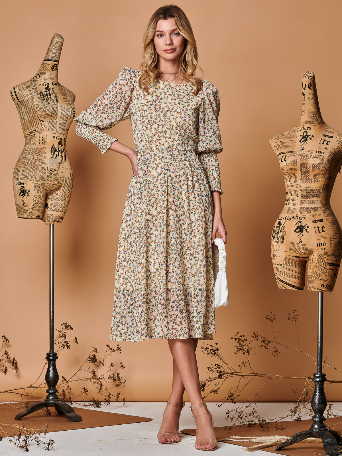 Chiffon Maxi Dress with Shirred Cuffs, Beige Floral