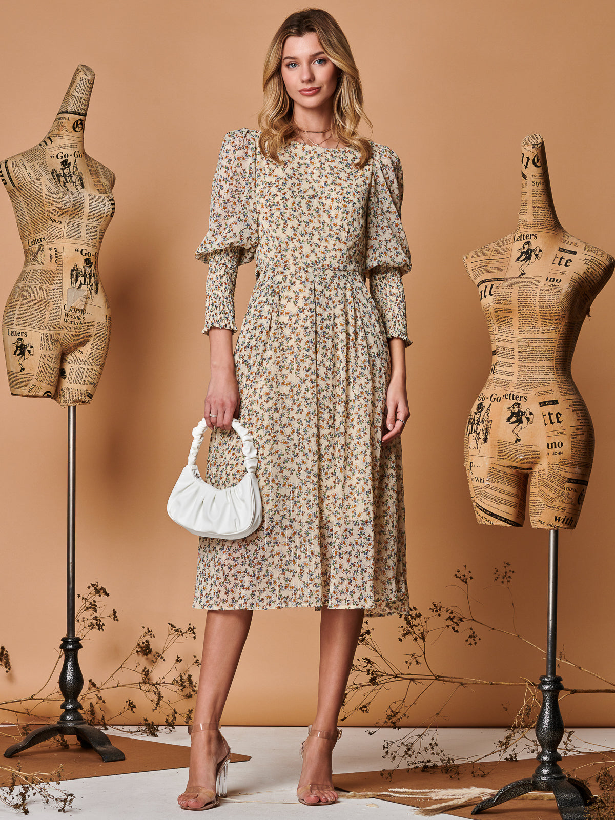 Chiffon Maxi Dress with Shirred Cuffs, Beige Floral