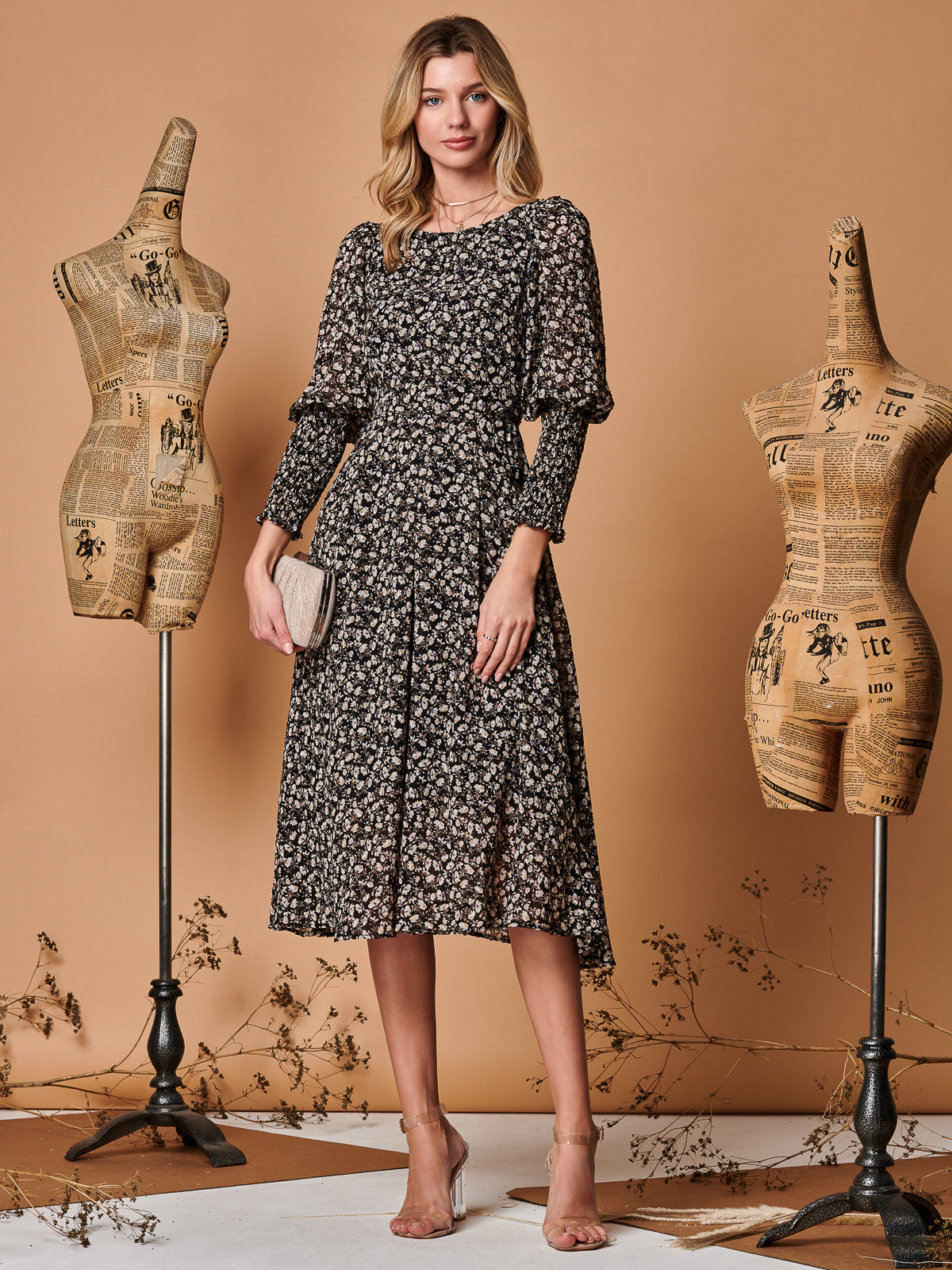Chiffon Maxi Dress with Shirred Cuffs, Black Ditsy