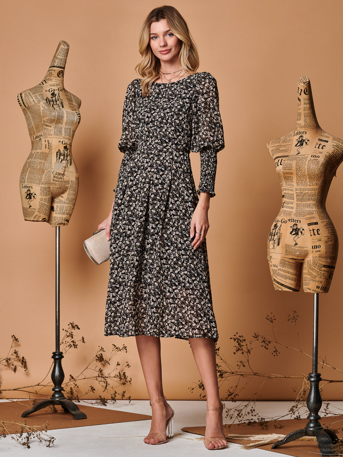 Chiffon Maxi Dress with Shirred Cuffs, Black Ditsy