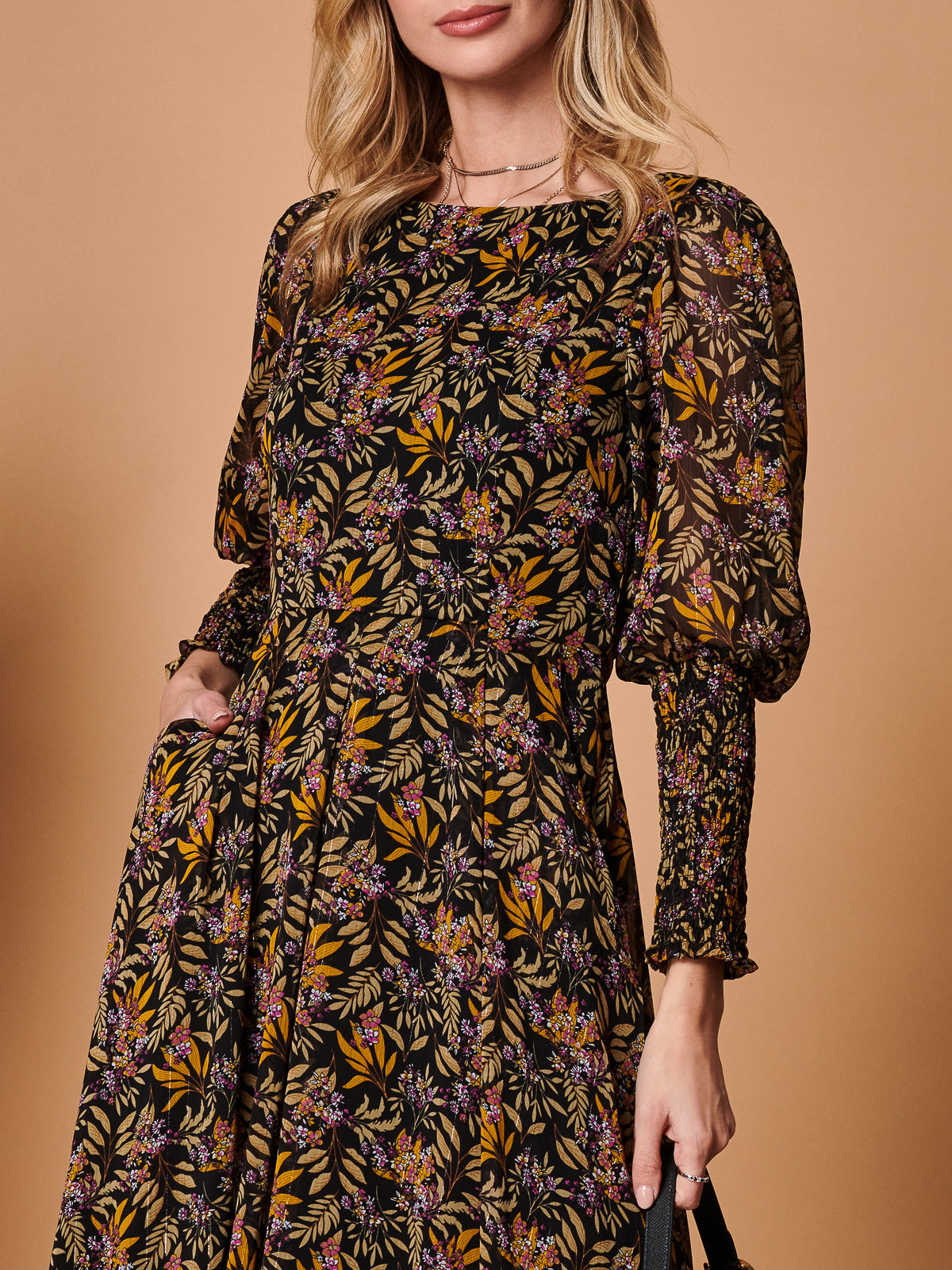 Chiffon Maxi Dress with Shirred Cuffs, Black Leafy