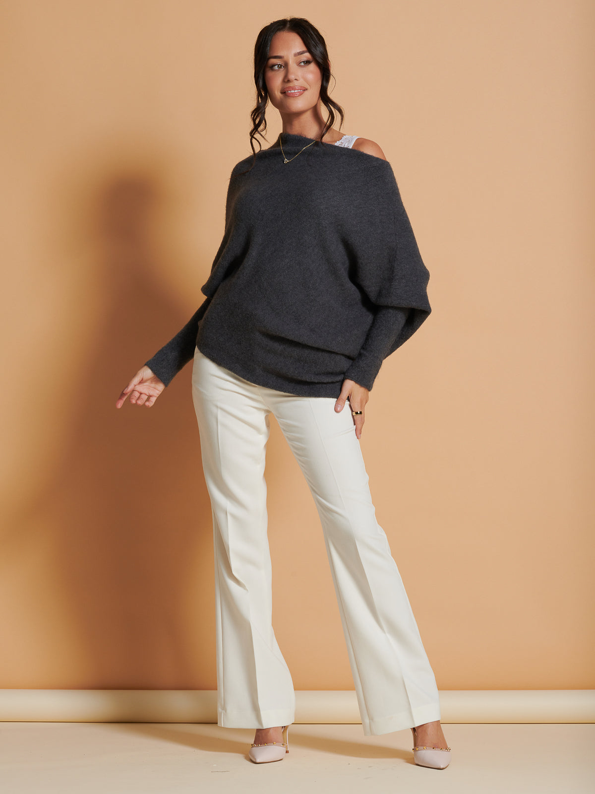 Made in Italy Wool Blend Asymmetric Soft Knit Jumper, Antra