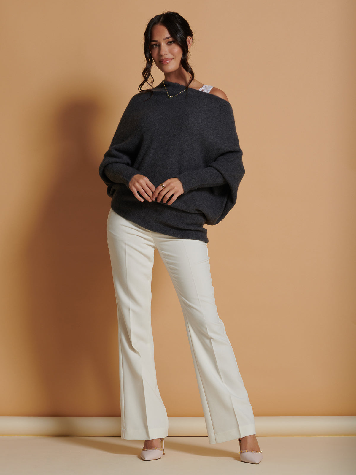 Made in Italy Wool Blend Asymmetric Soft Knit Jumper, Antra