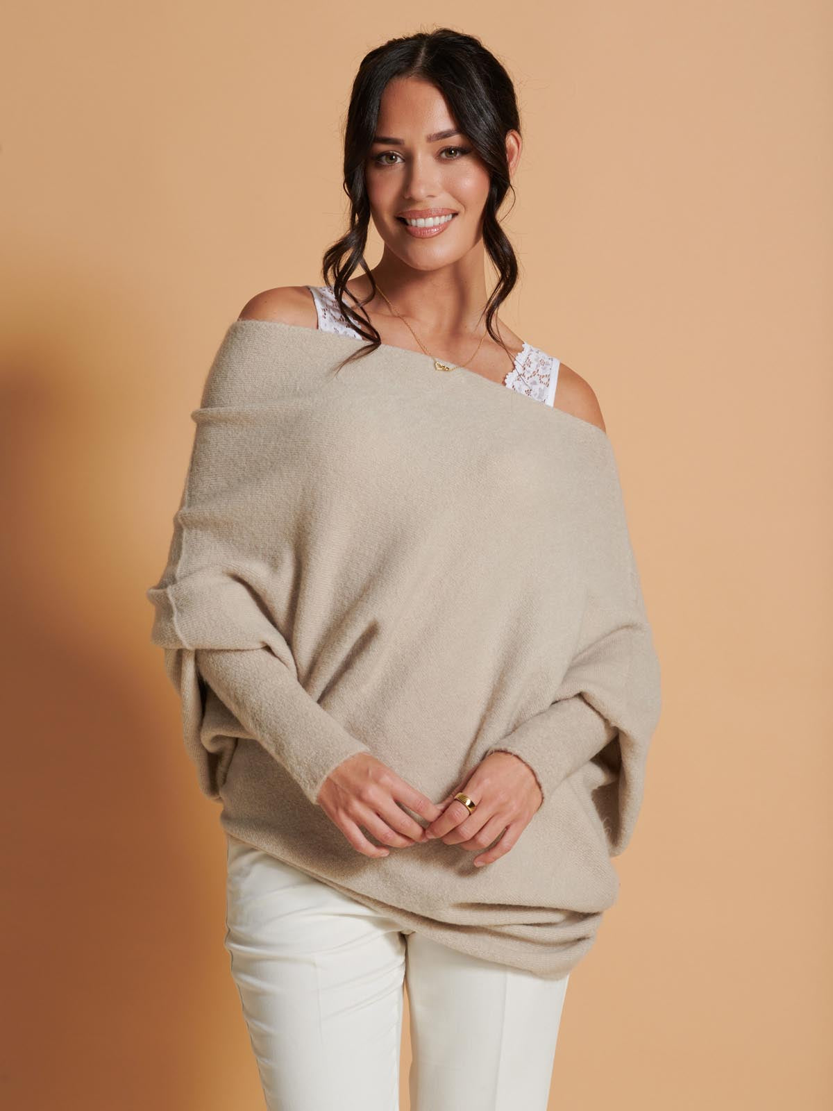 Made in Italy Wool Blend Asymmetric Soft Knit Jumper, Beige