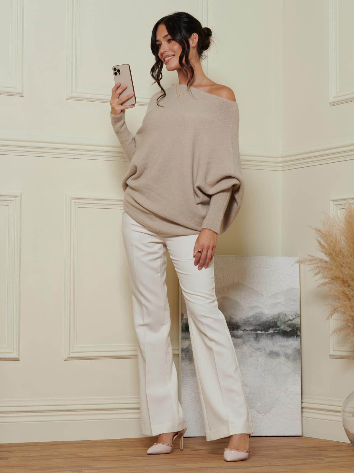 Made in Italy Wool Blend Asymmetric Soft Knit Jumper, Beige