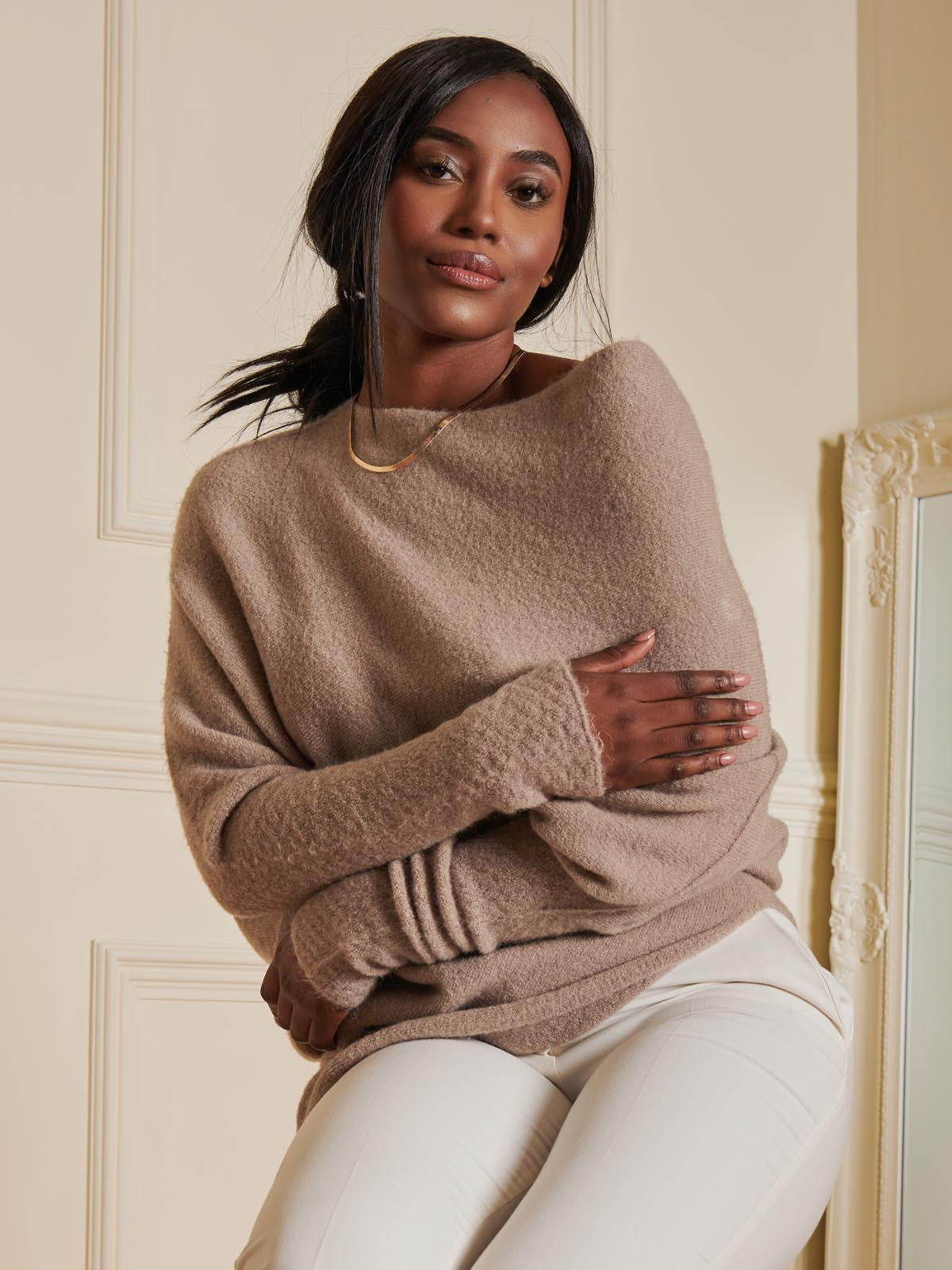Made in Italy Wool Blend Asymmetric Knit Jumper, Mocha
