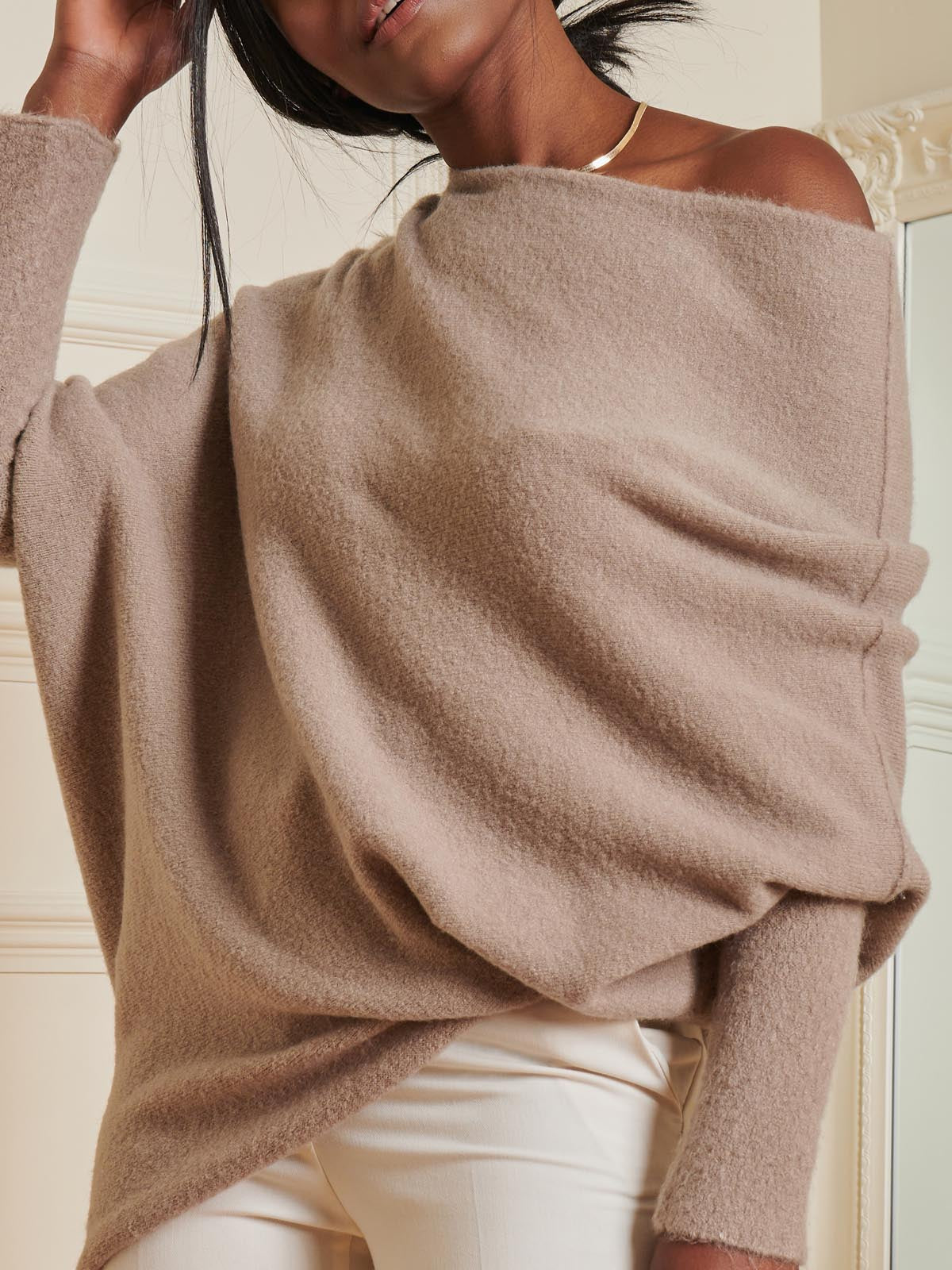Made in Italy Wool Blend Asymmetric Knit Jumper, Mocha