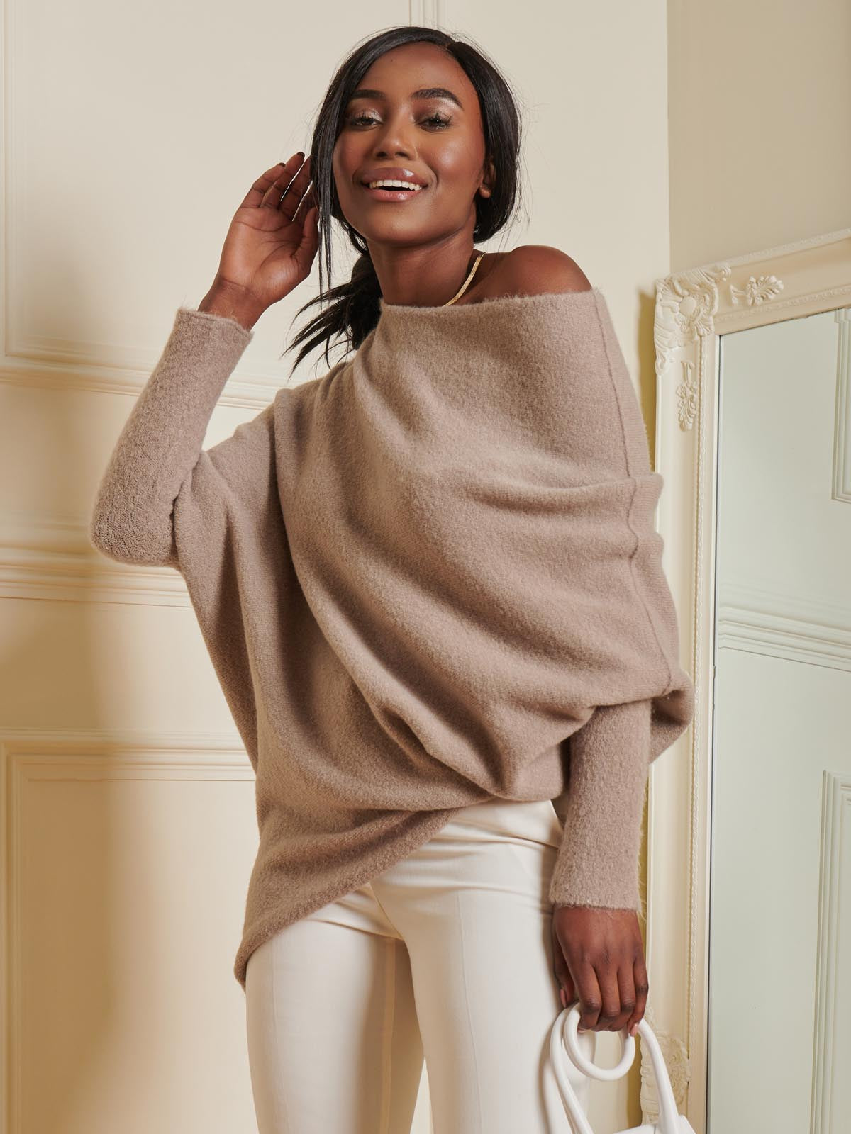 Made in Italy Wool Blend Asymmetric Knit Jumper, Mocha