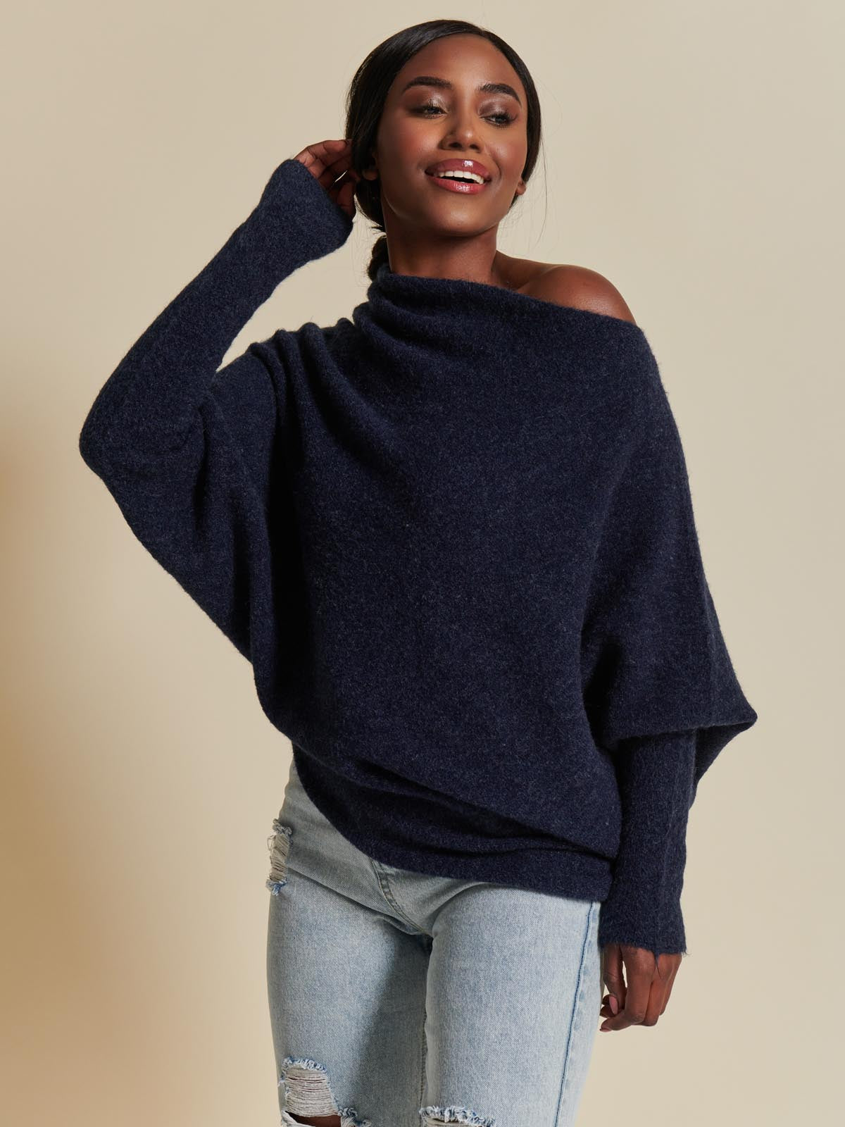 Made in Italy Wool Blend Asymmetric Knit Jumper, Navy
