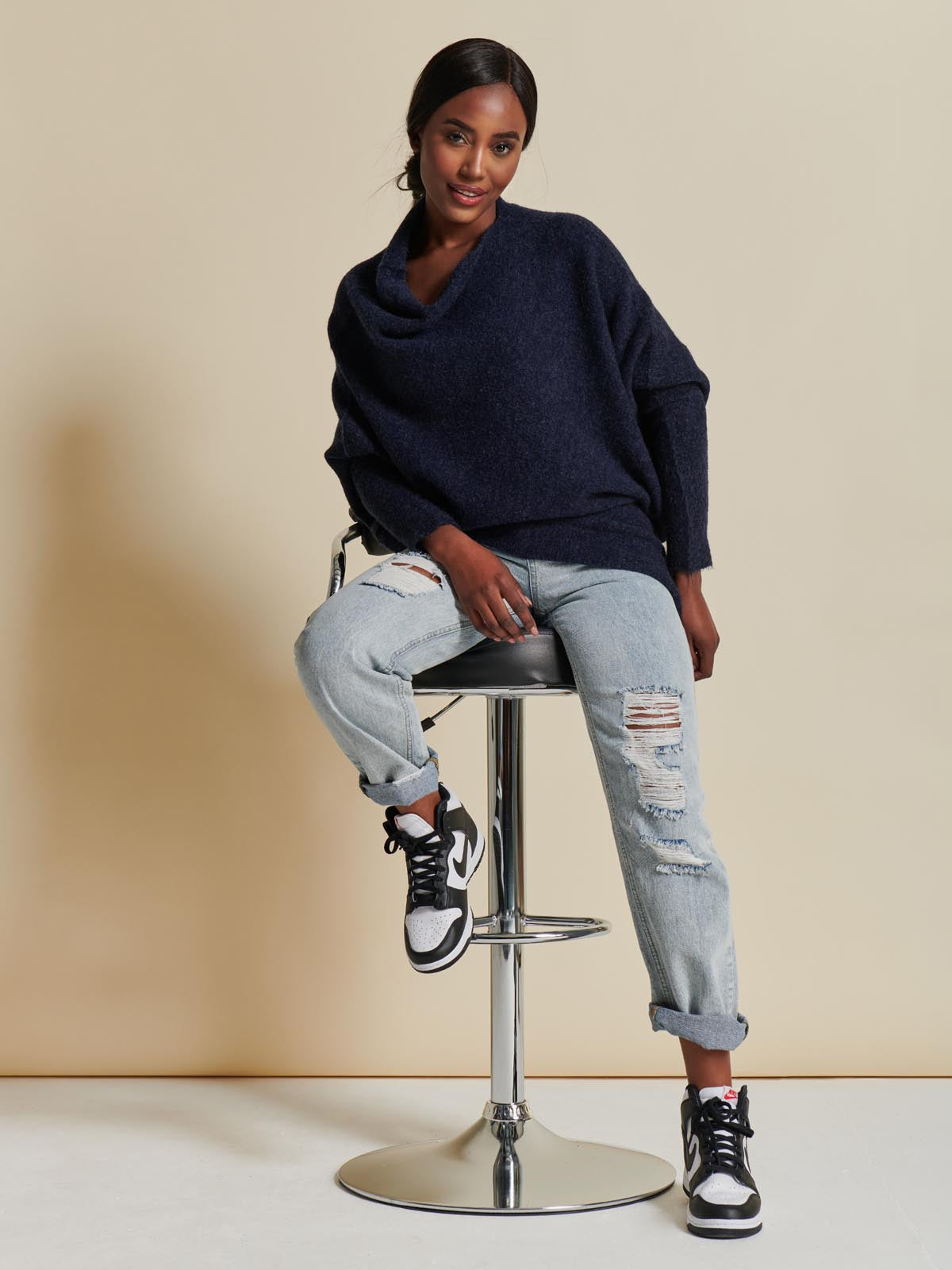 Made in Italy Wool Blend Asymmetric Knit Jumper, Navy