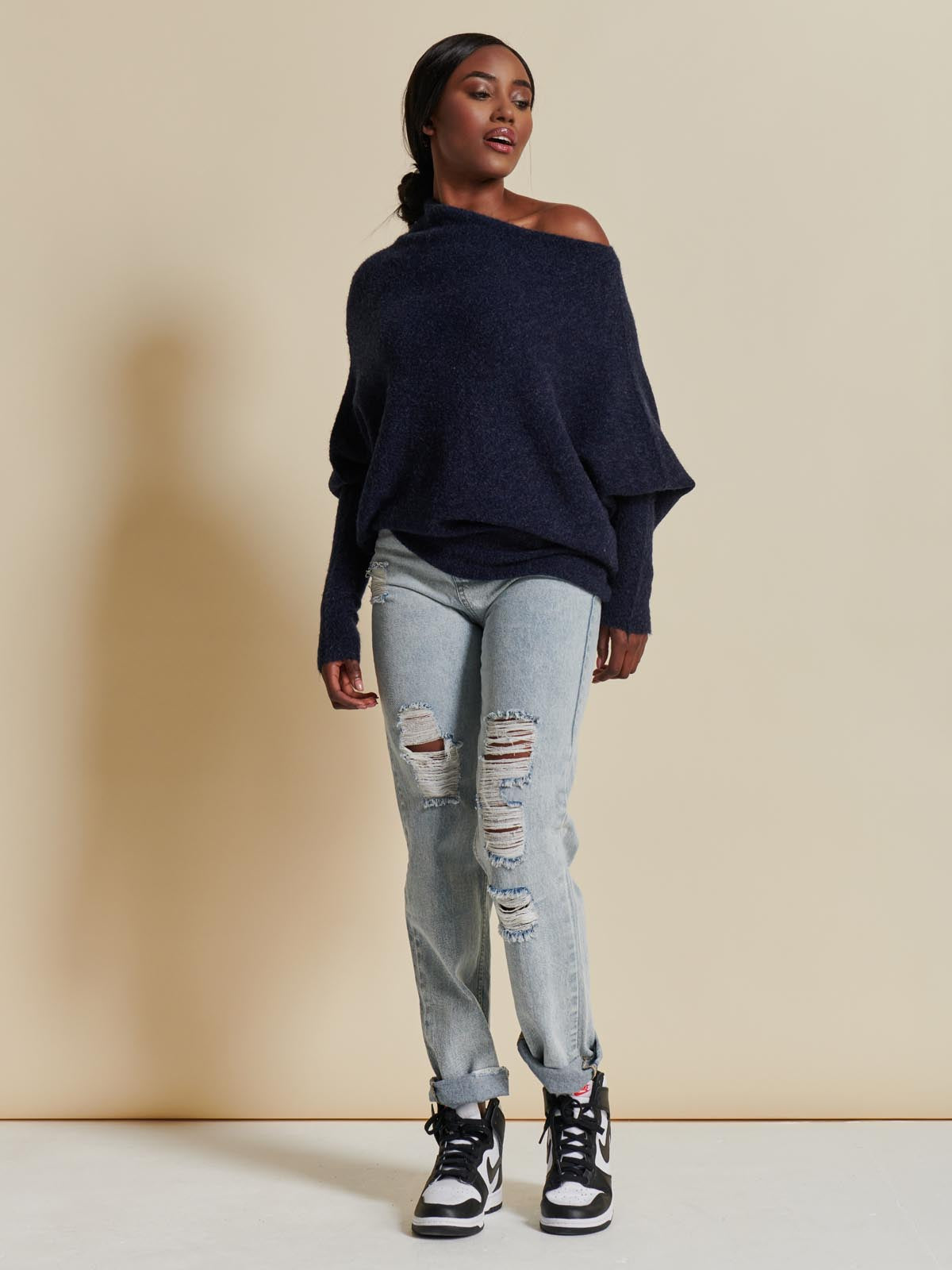 Made in Italy Wool Blend Asymmetric Knit Jumper, Navy