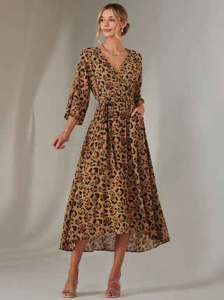 Gold Spot Printed Chiffon Maxi Dress, Brown Leopard