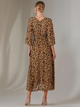 Gold Spot Printed Chiffon Maxi Dress, Brown Leopard