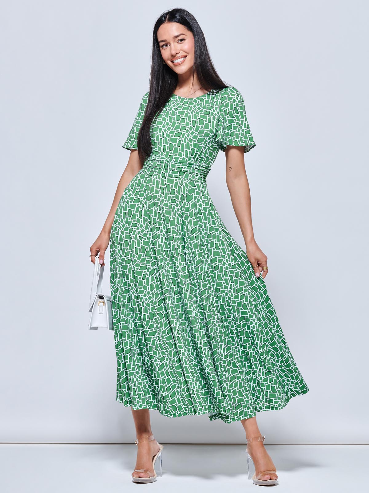 Boat Neck Angel Sleeve Maxi Dress, Green Geo