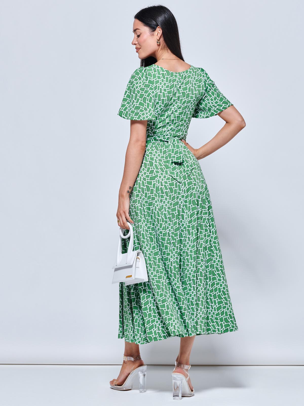 Boat Neck Angel Sleeve Maxi Dress, Green Geo