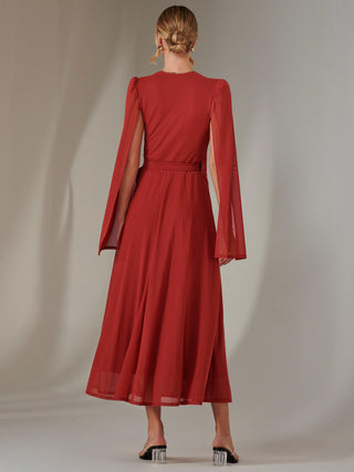 Amira Cape Sleeve Wrapped Maxi Dress, Brick Red