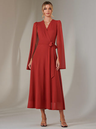 Amira Cape Sleeve Wrapped Maxi Dress, Brick Red