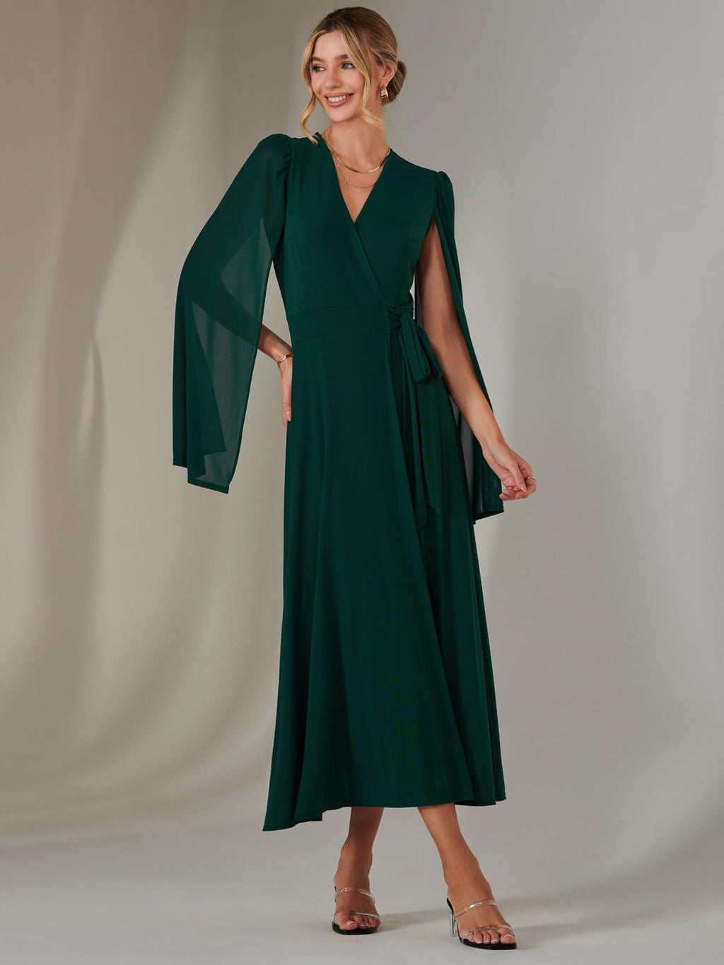 chinese dress ladies Amira Cape Sleeve Wrapped Maxi Dress, Dark Green – Jolie Moi Wholesale