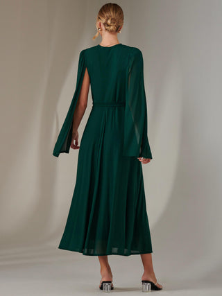 Amira Cape Sleeve Wrapped Maxi Dress, Dark Green