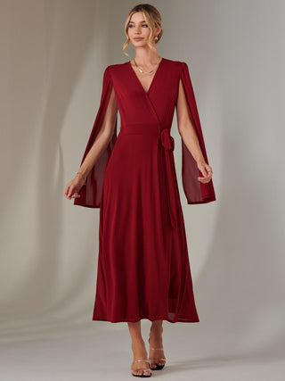 Amira Cape Sleeve Wrapped Maxi Dress, Merlot